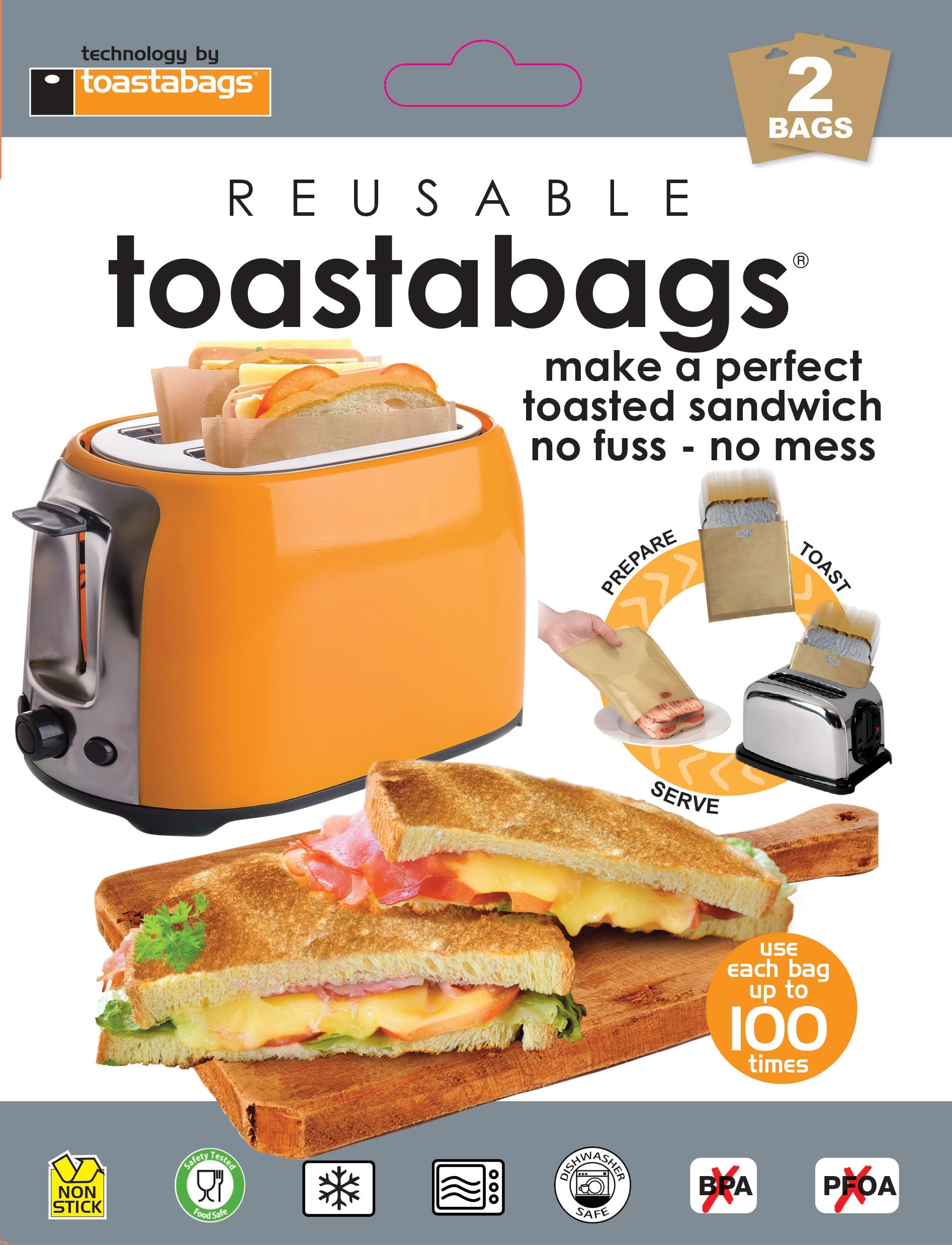 Toastabags Reusable Toaster Bags, 2 Pack, 100 uses per bag, 200 toasted sandwiches โ Non-Stick Toasting Bags for Sandwiches, Paninis & Snacks โ Easy Clean, Mess-Free Toaster Liners