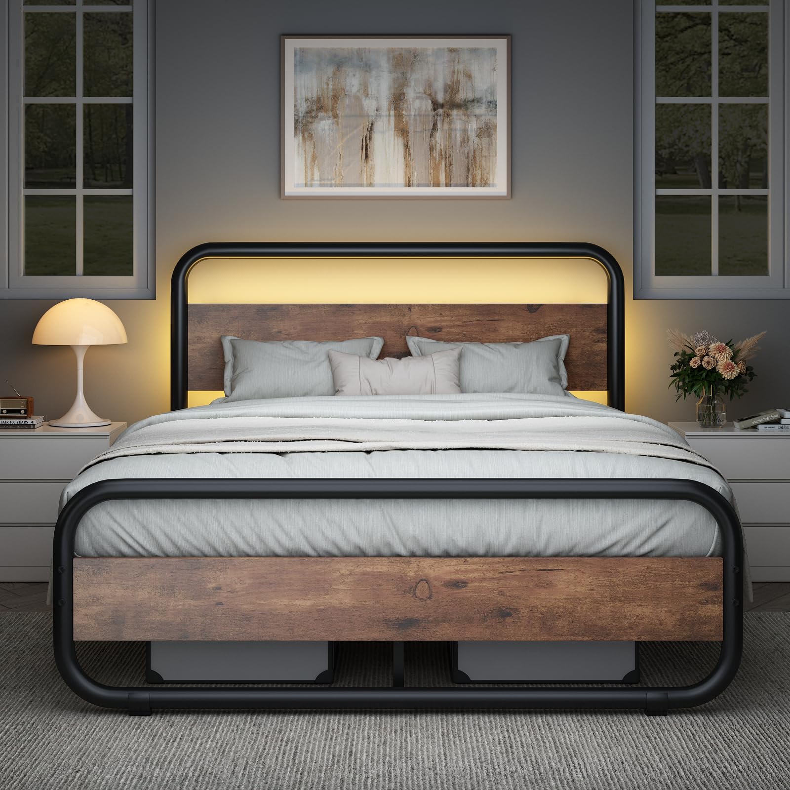 Catrimown Full Size Bed Frame with LED Lights, Heavy Duty Metal Rustic Platform Bed Frame Full Size, with Headboard, Under Bed Storage, Noise Free, No