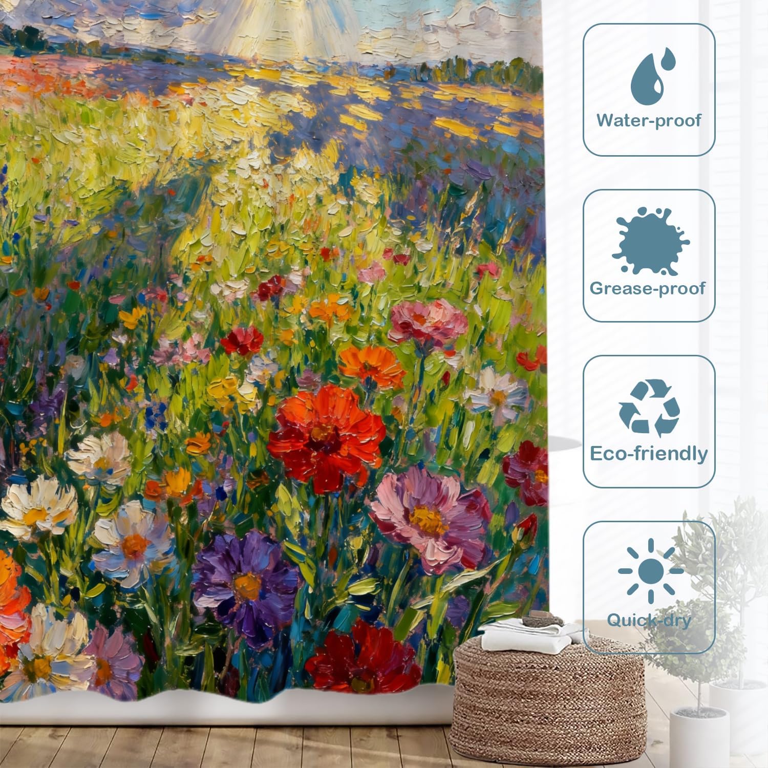 Batmerry Claude Monet Artwork Decor Shower Curtain,Garden Painting Flowers Red Poppies Bathroom Decor Polyester Fiber Plastic Rings Quick-Drying Waterproof for Bathtubs/Bathroom, 72x72 inches