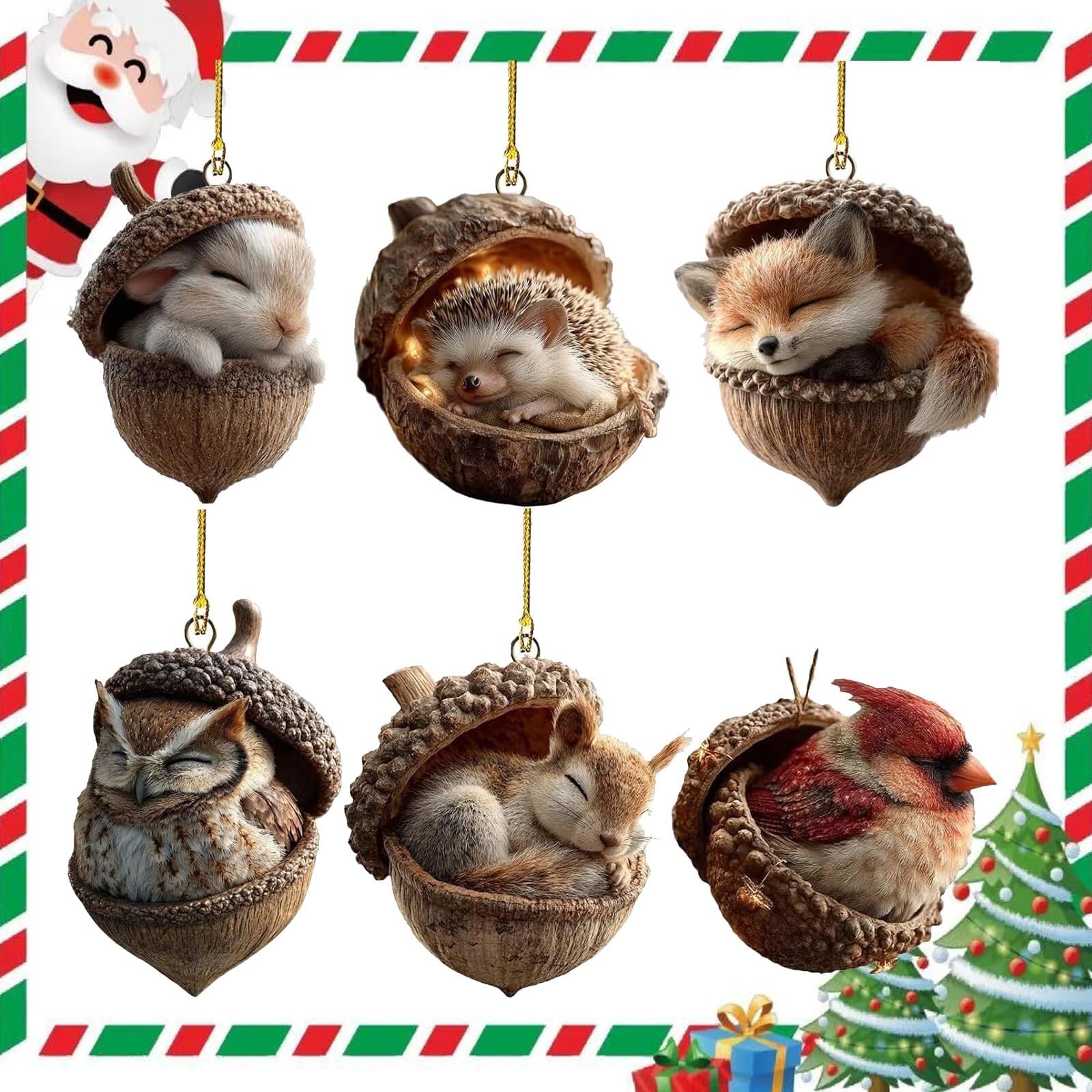 Ckryzillix 6Pcs Forest Animal Acorn Ornaments, Cozy Forest Christmas Ornaments, 2D Flat Acrylic Pine Cone Animal Hanging Decoration For Christmas Tree & Home Party