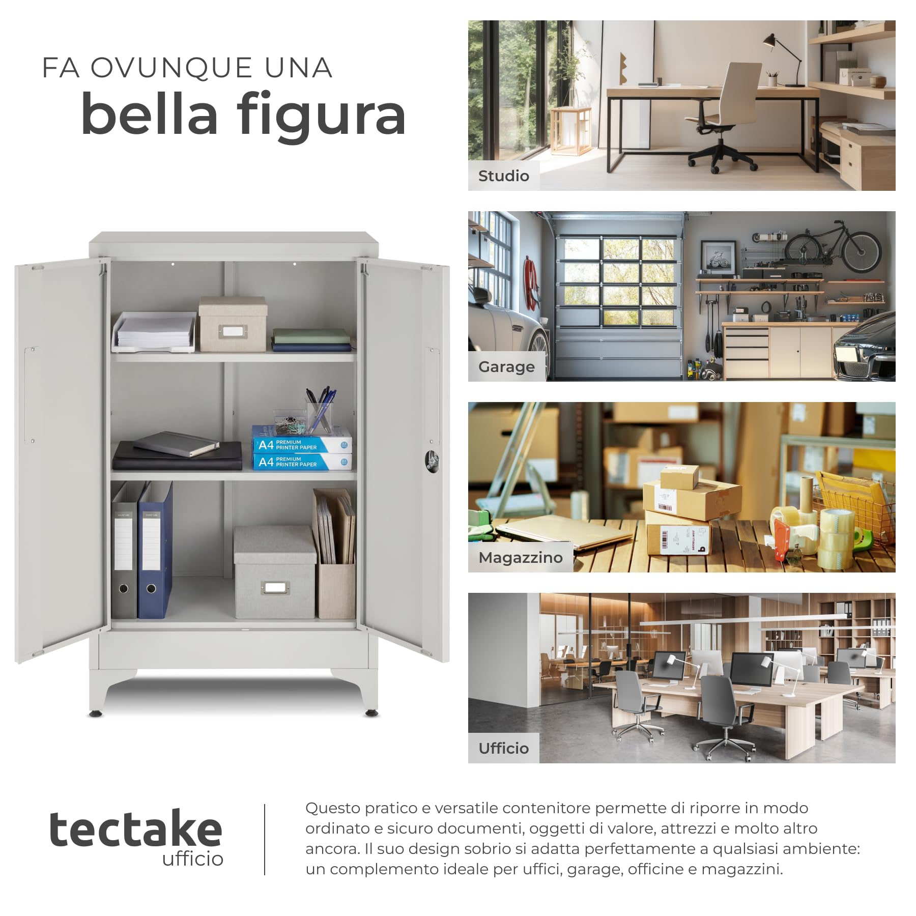 tectake® Armadietto in Metallo Portadocumenti in Acciaio, 60 x 40 x 100 cm, 3 Ripiani Regolabili, Chiusura Magnetica e Chiave, Scaffale Metallo Garage, Mobile Ufficio, Piedini Regolabili - Grigio