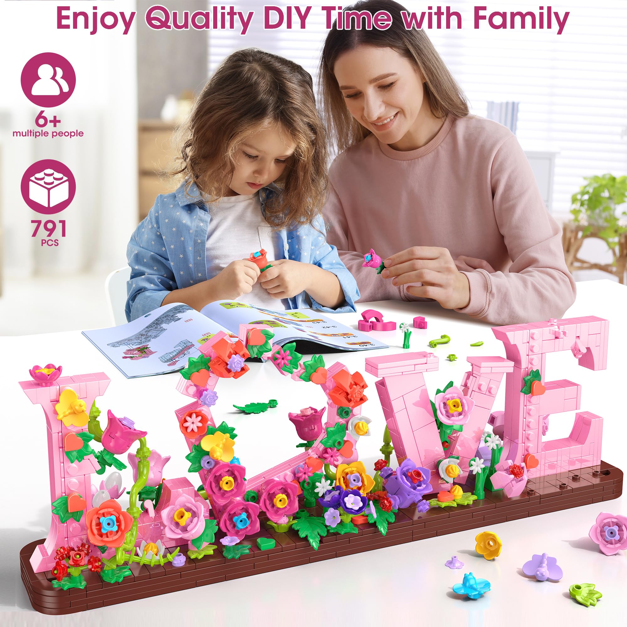 Liebes-Bauset mit Blumen für Erwachsene, 791 Stück Buchstaben-Ziegelstein-Kunstblöcke für Heimdekoration, romantische Geschenke für Kinder, Geburtstag, Valentinstag, Muttertag, Liebesbekennung