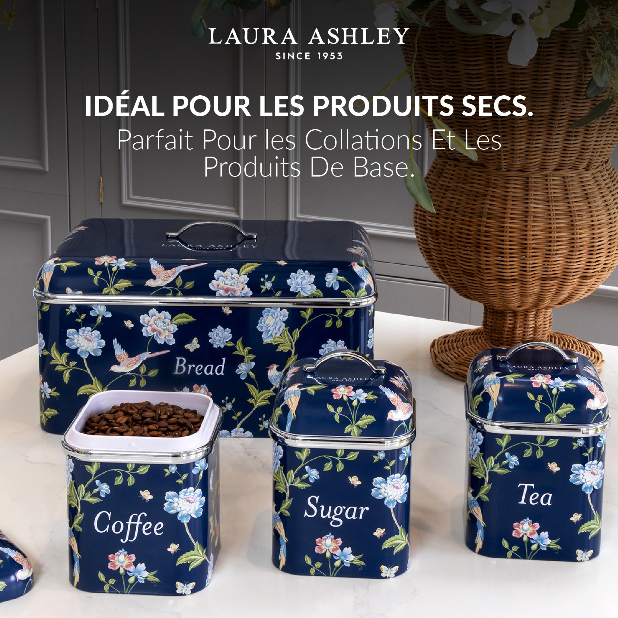 VQ Ensemble de 3 bocaux de rangement pour thé, café et sucre Laura Ashley, motif marin Elveden, élégante boîte de rangement en fer-blanc avec couvercle (Marine Elveden)