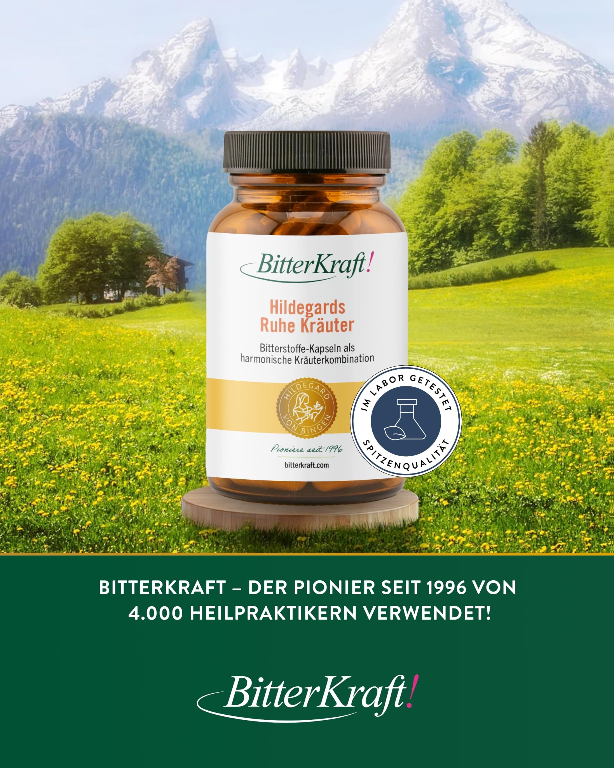 BitterKraft! Hildegards Ruhe-Kräuter 120  Kapseln – mit Bio Ashwaghanda, Rosenwurz-Extrakt, B2, B6 & B12 – inspiriert von Hildegard von Bingen – ohne Zusatzstoffe - 100 % Natur – Made in Germany