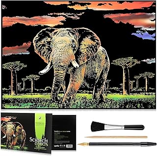 Scratch Art for Kids & Adults, Scratch Paper Rainbow Painting Sketch Pads DIY Art Craft Animal Scratchboard with Clean Brush,Scratch Coloring Pen,16 X 11.2 Inches (Elephant)