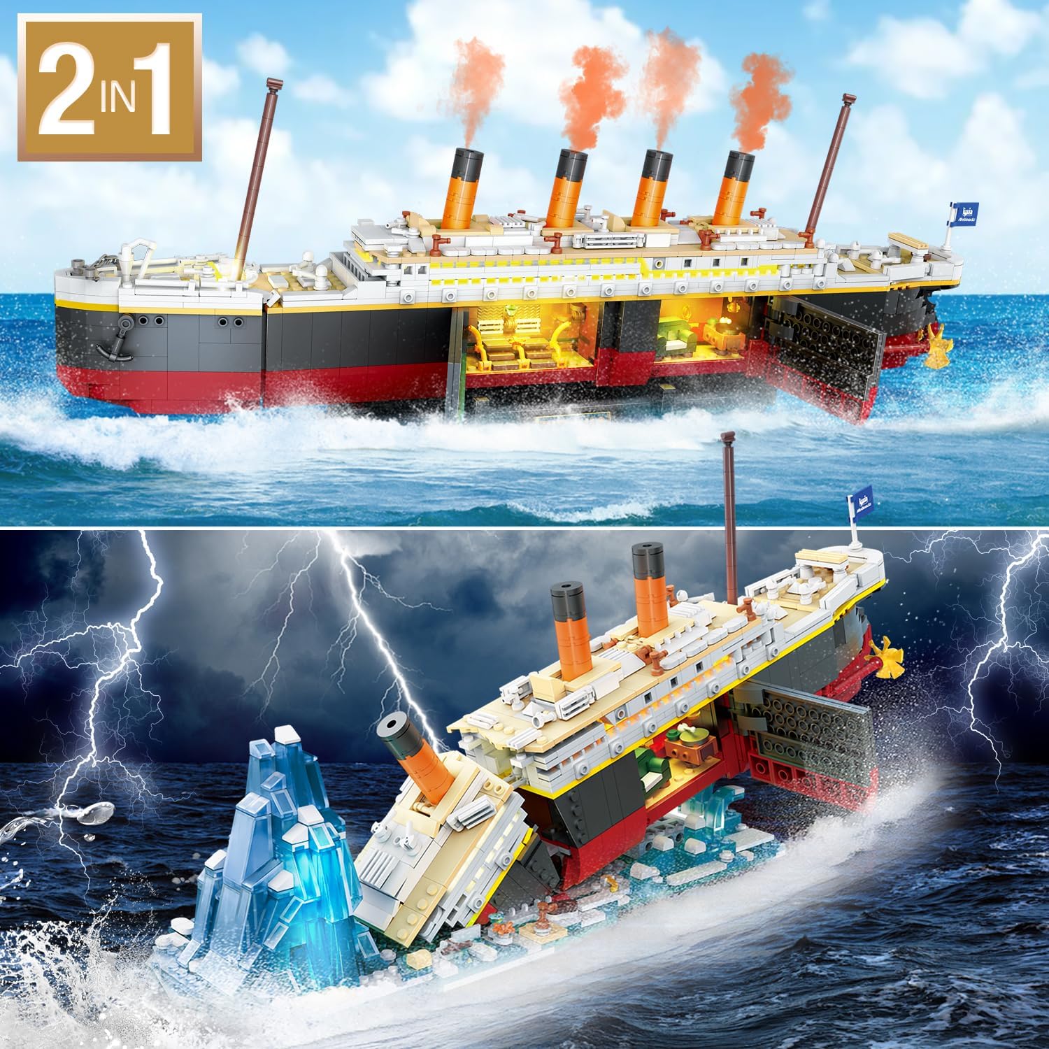 PLAXSOON 2-in-1 Titanic Building Set showing both the complete ship and the sunken ship models side-by-side.