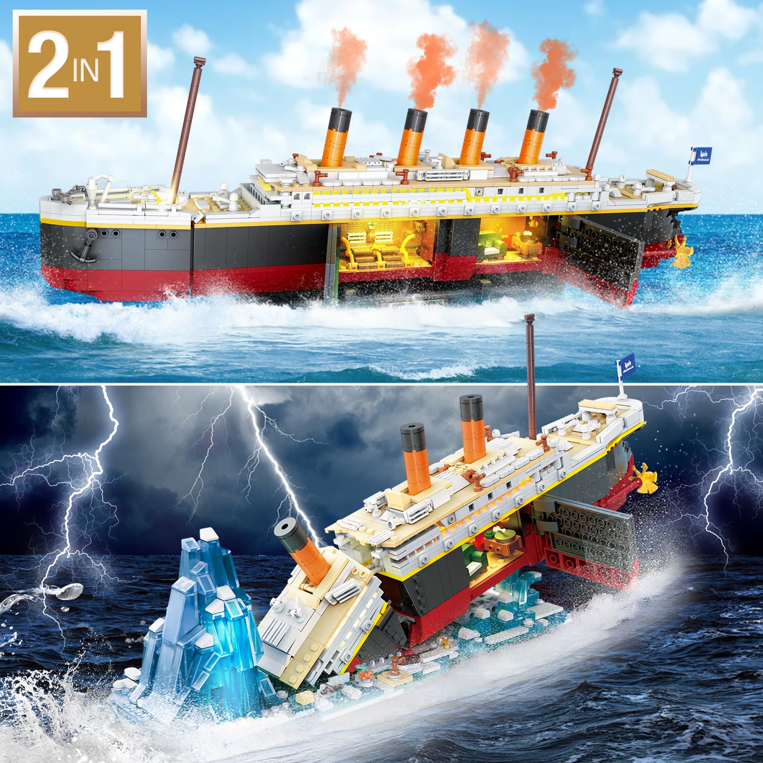PLAXSOON Juego de construcción Titanic 2 en 1 con luces, 1935 piezas, kit de bloques de construcción mini de barco Titanic con soporte de exhibición de glaciar, modelo de barco de decoración del hogar