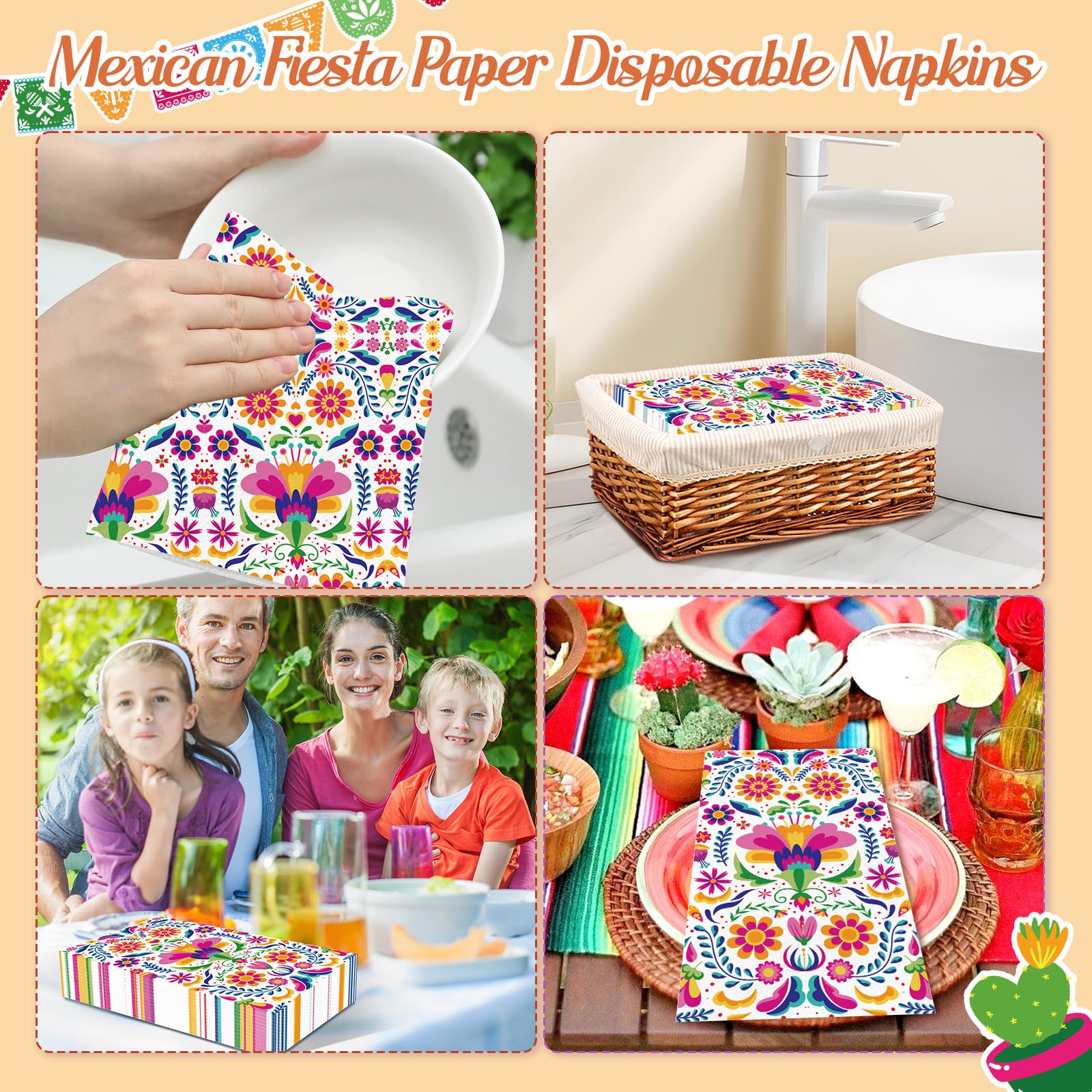 100 servilletas de papel florales mexicanas, toallas de mano desechables para baño, 3 capas, servilletas decorativas para invitados del Cinco de Mayo, servilletas decorativas para boda, cumpleaños
