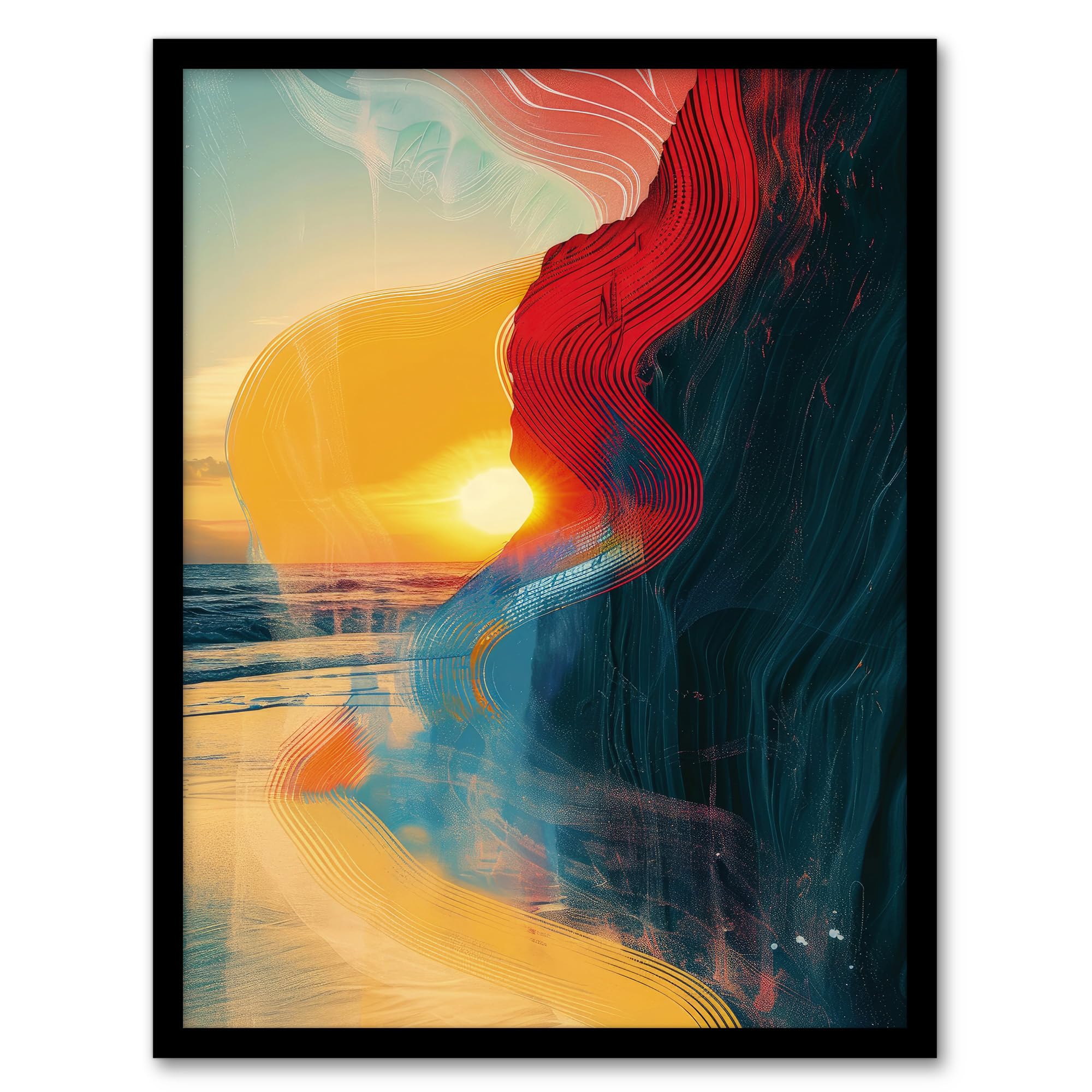 Artery8 Coastal Sunrise Cliffside Beach Abstract Design For Living Room Artwork Framed Wall Art Print 18X24 Inch