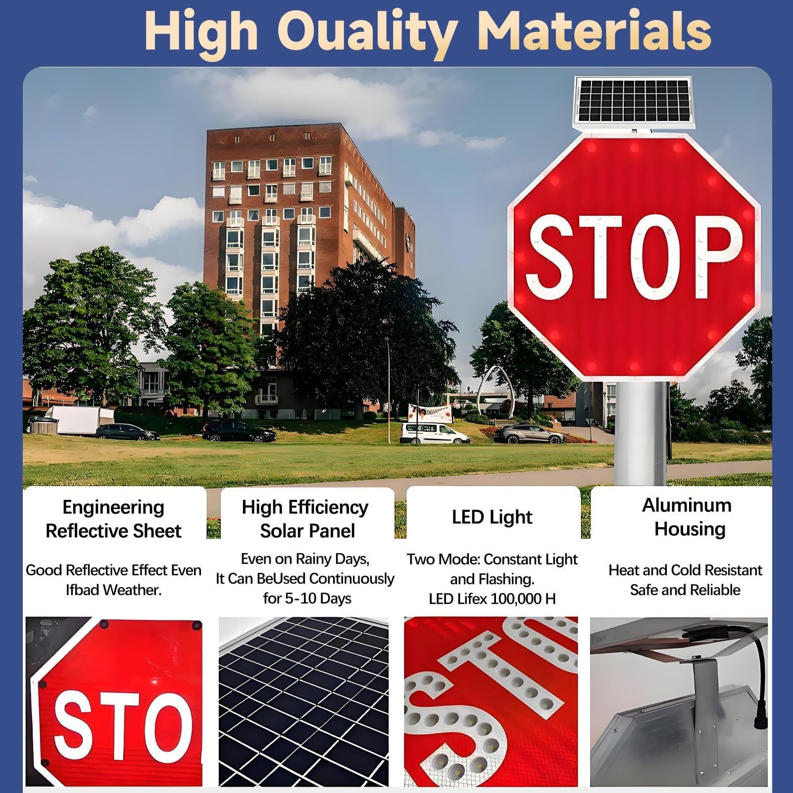 Solarna tabliczka zatrzymująca LED, 60 x 60 cm, 80 x 80 cm, odblaskowa tabliczka ostrzegawcza, nierdzewna aluminiowa tabliczka, ochrona przed promieniowaniem UV i warunki atmosferyczne, zasięg