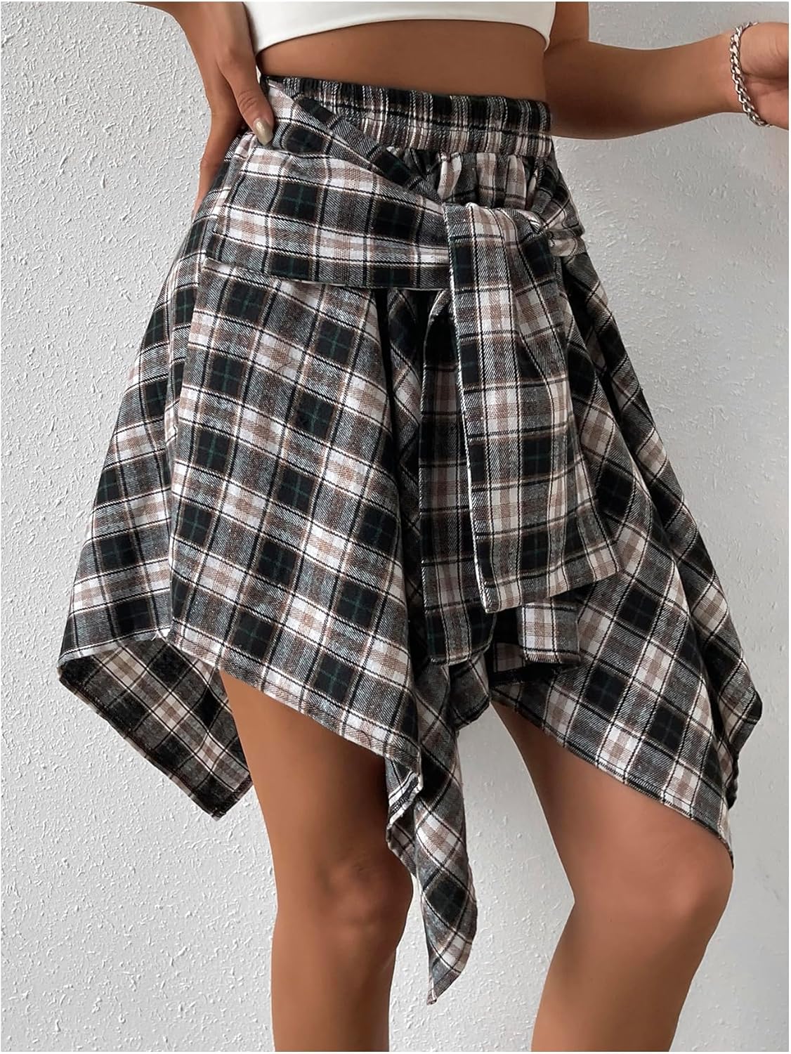 SHENHE Women's Plaid Skirt Tie Front Knot High Waist Asymmetrical Flowy Fall Short Skirt - Image 2