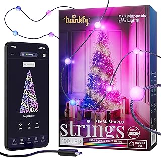 Twinkly Strings USB-C Pearl-Shaped Light String with 100 RGB LEDs. 20 Feet. Green Wire. App-Controlled. USB-C-Powered. Indoor Smart Home Lighting Decoration