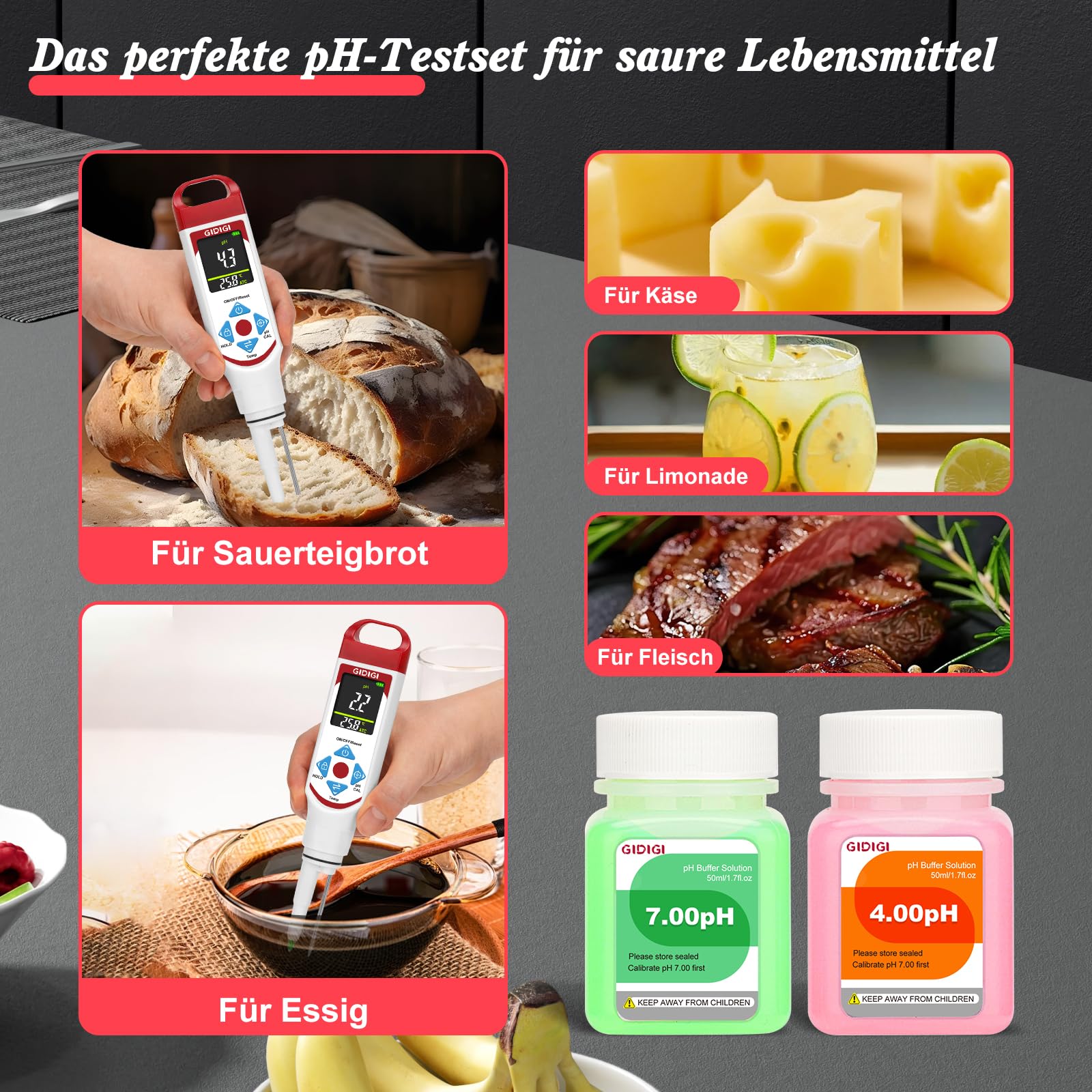 pH Messgerät für Lebensmittel zur Fermentation mit pH-Kalibrierungskits, Farbdisplay, Speerspitze, pH-Lebensmitteltester mit ATC für Kosmetika, Sauerteig, professionelle pH-Teststreifen