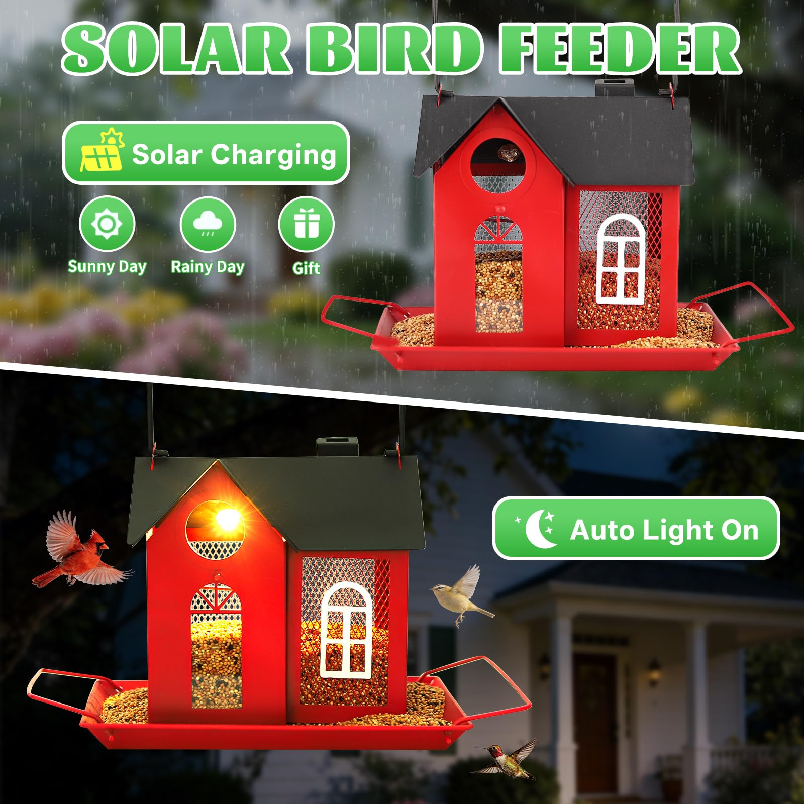 Comedero solar para pájaros para exteriores, comedero colgante de metal rojo con luz solar, comedero decorativo para cardenales, pinzones y pájaros silvestres, decoración de jardín y patio trasero