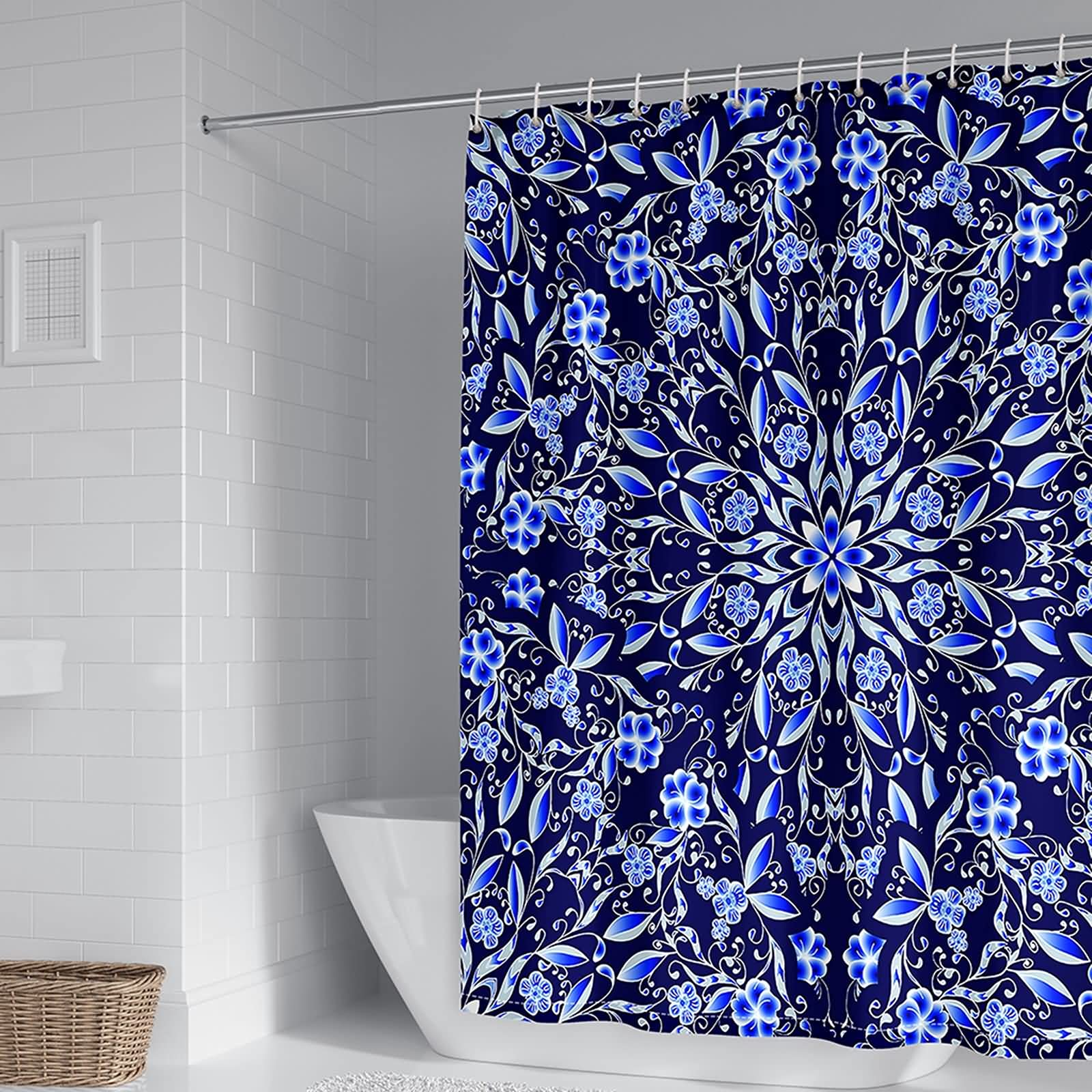 Rideau de douche polyester 150x200cm bleu à fleurs anti moisissure pour baignoire et salle de bain