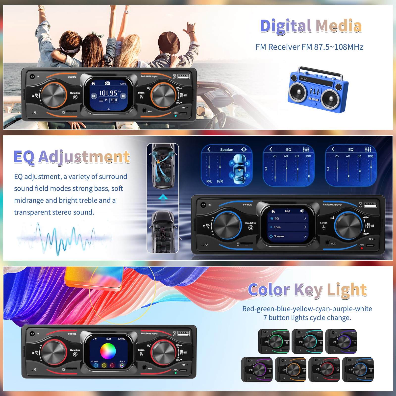 Hikity 1 Din Autoradio mit Touchscreen, Radio 1 DIN mit FM, Bluetooth,USB/SD/AUX-IN, Freisprecheinrichtung, Unterstützt 7 Farben Beleuchtung und Schnellladung