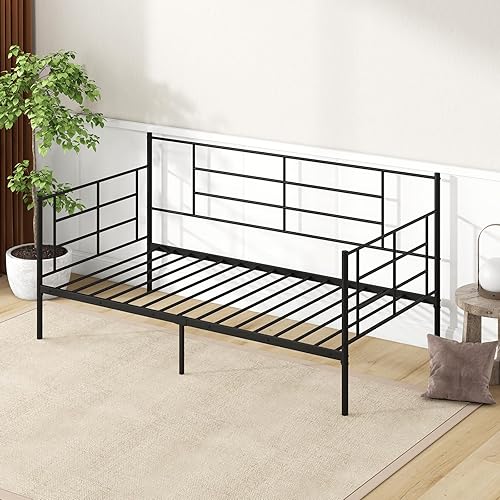 Miniatura 9 de GOFLAME Marco de cama de metal tamaño individual, marco de cama individual con respaldo alto con listones de alta resistencia, cabecero, plataforma