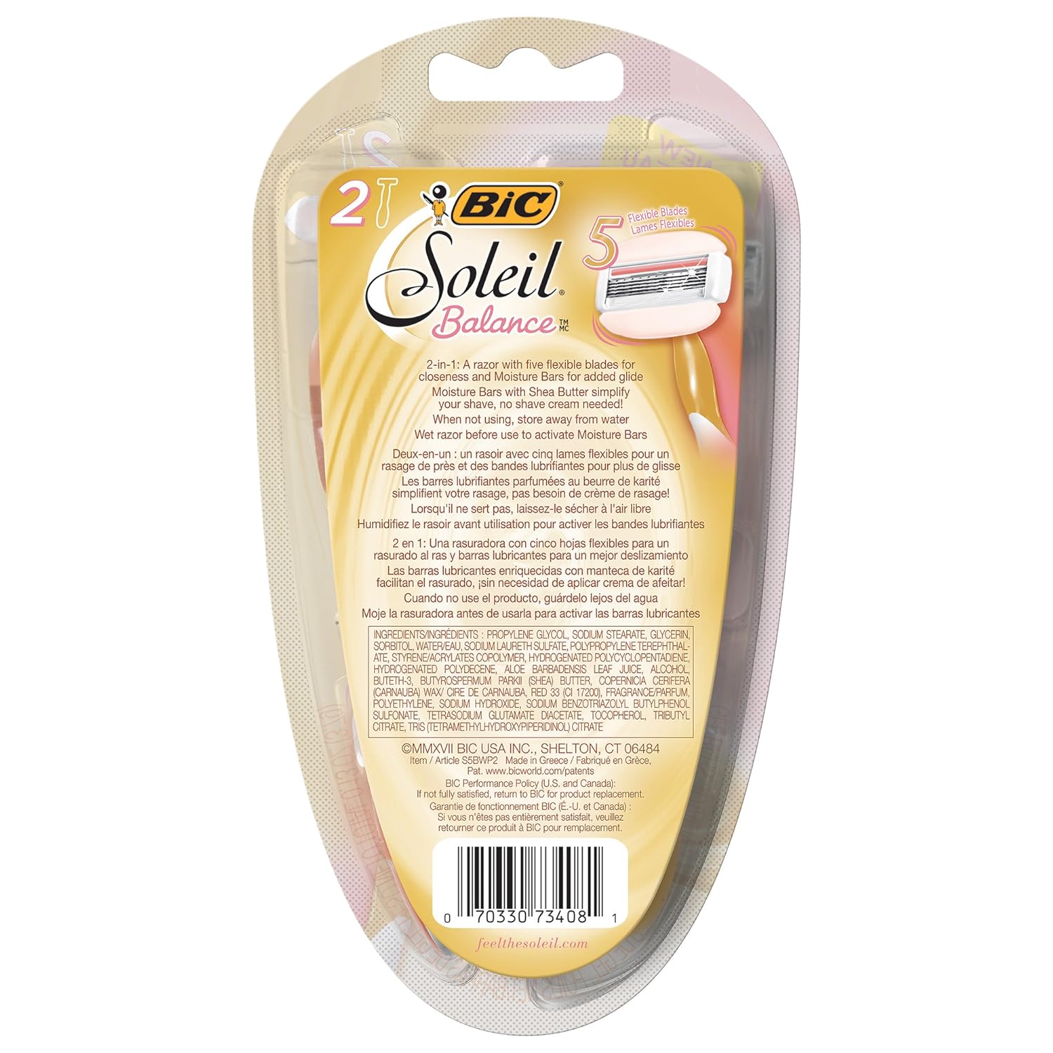Bic Soleil Balance Razor For Women - Moisture Bars With Shea Butter - 2 Count Razors Per Package - Pack of 2 Packages