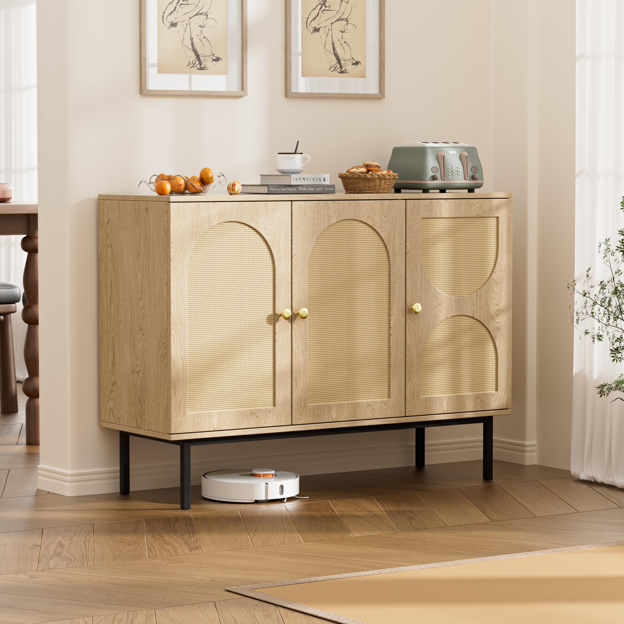 BonVache Buffet en rotin, Armoire de Cuisine avec 3 Portes, Commode avec étagères réglables, Buffet de Salle à Manger, Armoire de Rangement pour Cuisine, Salle à Manger, Salon