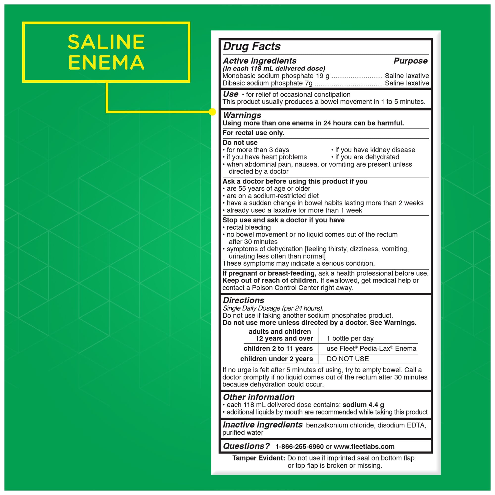 Fleet Laxative Saline Enemas for Constipation Relief for Adults, Fast and Effective, 2 Bottles per Pack, 4.5 Fl Oz Each, Pack of 6