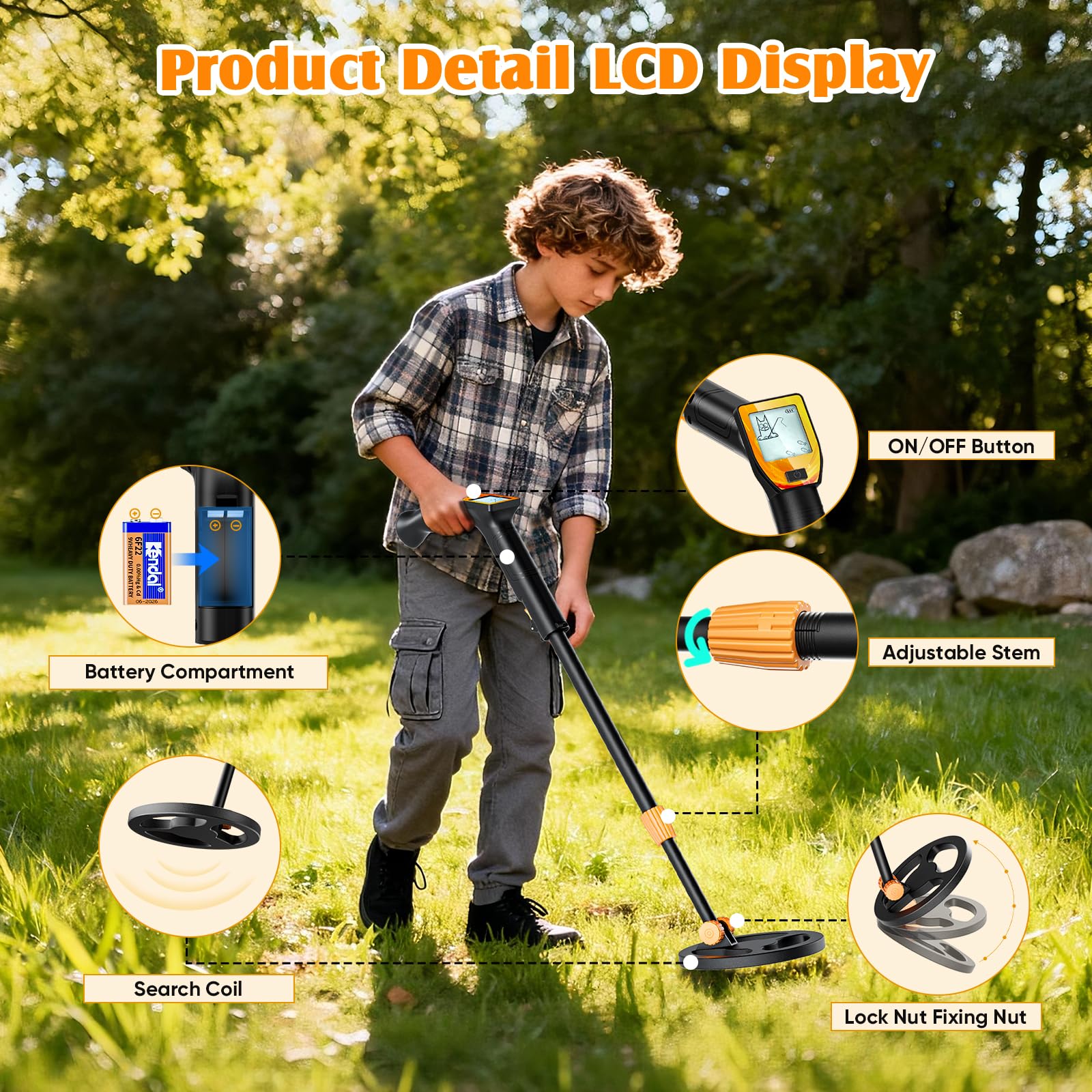Detecteur Metaux Enfant, Léger Detecteur de Metaux Enfant avec Tige Réglable de 66 à 83 cm, écran LCD et Disque de Recherche étanche, Détecteurs de Métaux pour Enfants avec Pelle Râteau Tamis Sac