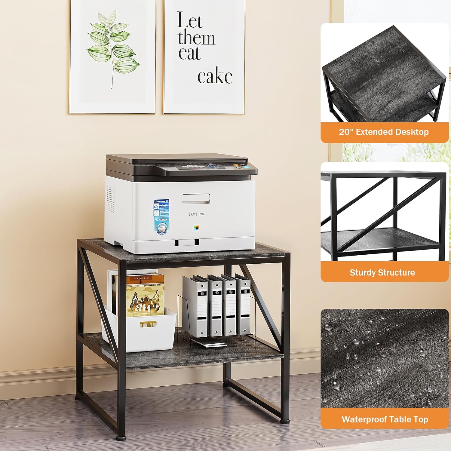 2-Tier Large Priner Stand with Storage Shelf, 20"×20" Under Desk Printer Table for Home Office Organization, End Table for Living Room, Heavy Duty Storage Rack for Scanner Fax Heat Press, Grey Oak