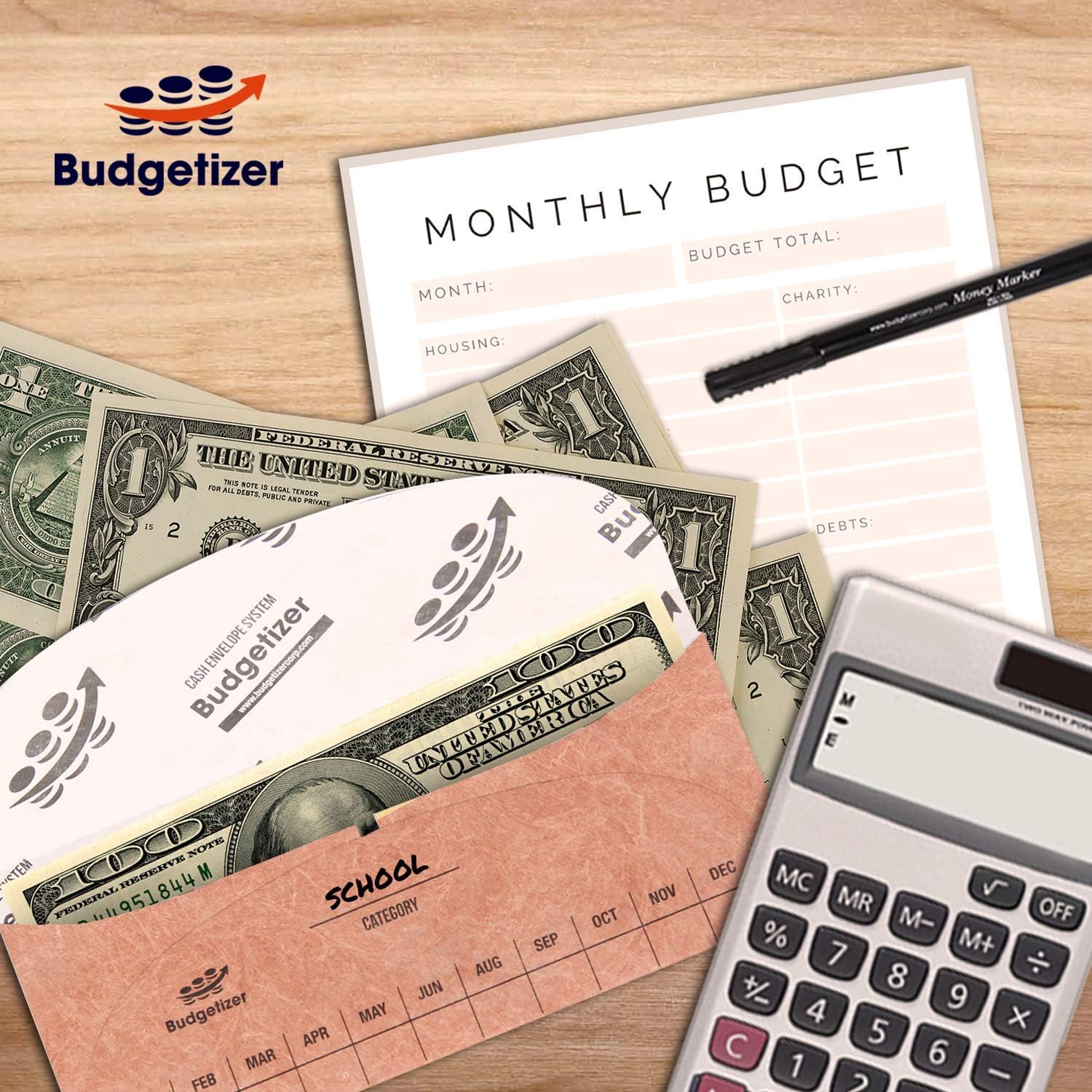 Budgetizer Cash Envelopes System -24 Pack Water & Tear Resistant Budget Planner Envelopes –Assorted Colors Money Envelopes - Bundled with 1 Cash Organizer Wallet and 1 Counterfeit Bill Marker Detector
