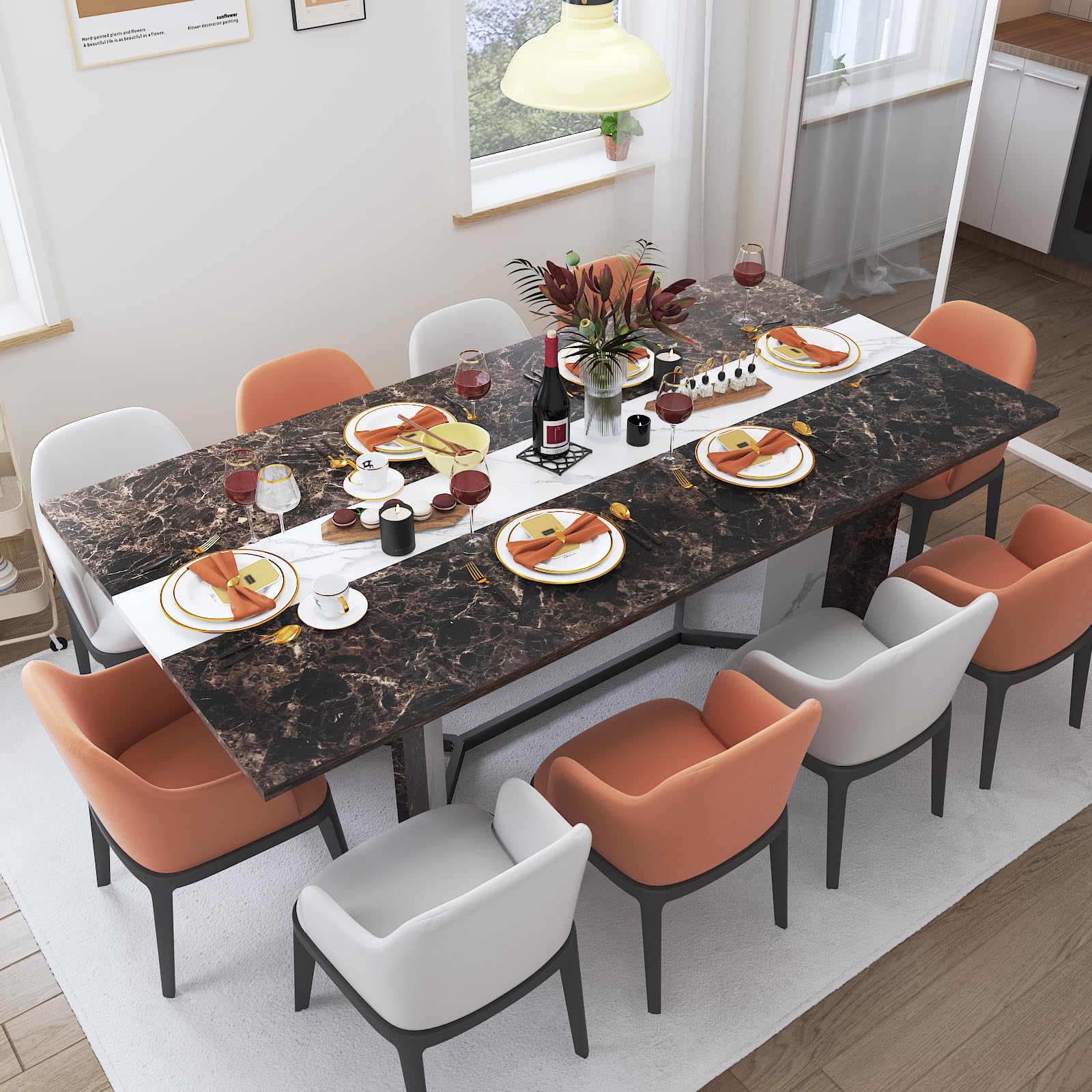 71 Inch Dining Table for 6 People,Modern Black Rectangular Kitchen Table W/Waterproof Wood Tabletop,Farmhouse Long Dining Room Tables W/Adjustable Legs&Metal Frame for Kitchen Living Room