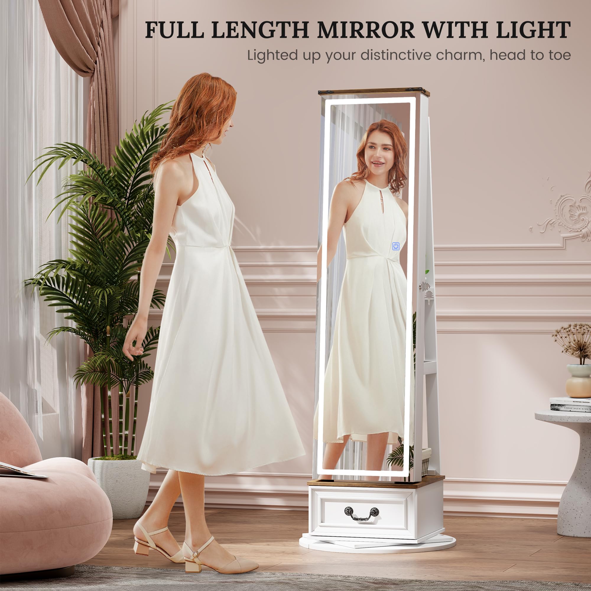 LVSOMT LED Mirror Jewelry Cabinet Standing, 360°Swivel Jewelry Armoire with Full Length Mirror, Mirror with Jewelry Storage and Large Wooden Drawer for Christmas Gifts (): Farmhouse White