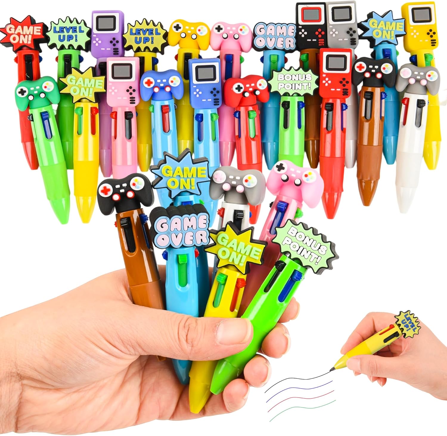 LiYiQ 100 Pcs Video Game Colorful Multicolor Pen in One Cartoon Cute Fun 4-in-1 Cute Pens Bulk Kawaii Game Handle Level Up Games Console Shape Cool Ballpoint Pens for Kids Fun Gifts