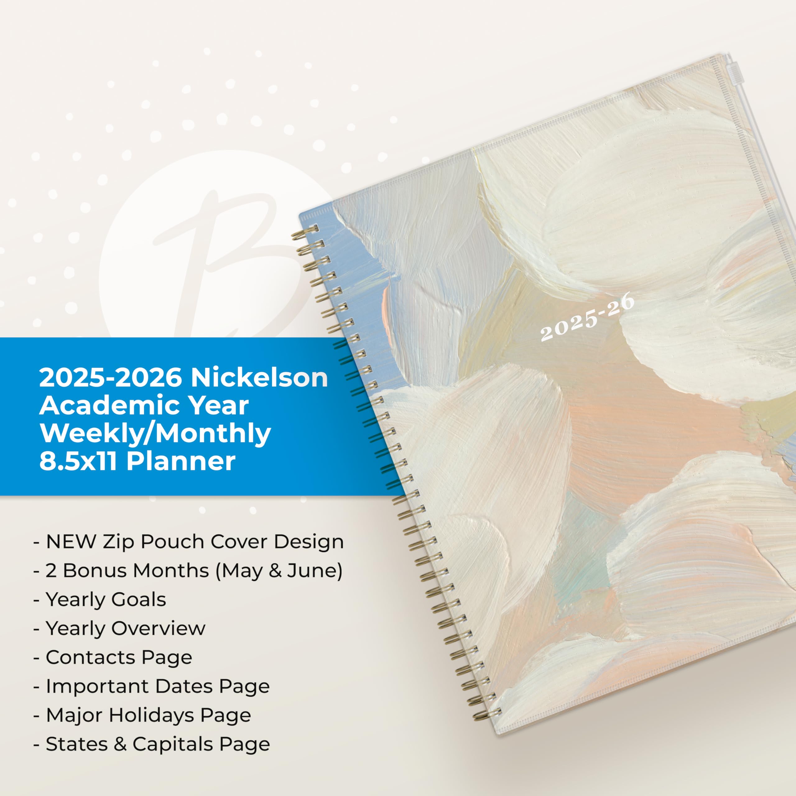 Blue Sky Jahresplaner 2025-2026, Wochen- und Monatsplaner, Juli 2025 - Juni 2026, 21,6 x 27,9 cm, flexibler Einband mit Reißverschlusstasche, Spiralbindung, Aufbewahrungstasche, Nickelson