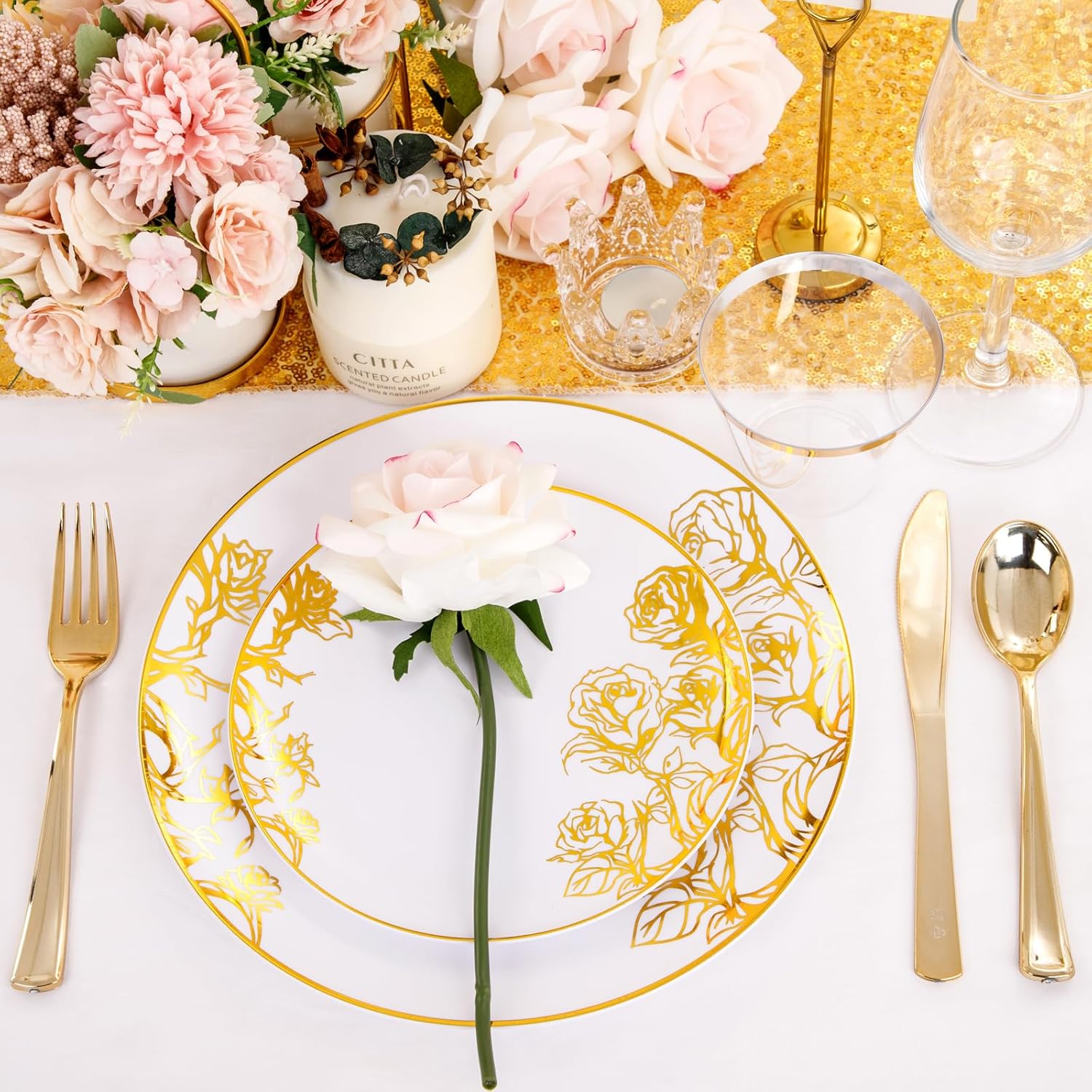 DaYammi 210Pcs White Gold Plastic Plates for Party,Gold Disposable Dinnerware Set Includes 60 gold Floral Plates,30 Plastic Silverware,30 Per Rolled Napkins,30 Cups for Mother's Day Party Wedding