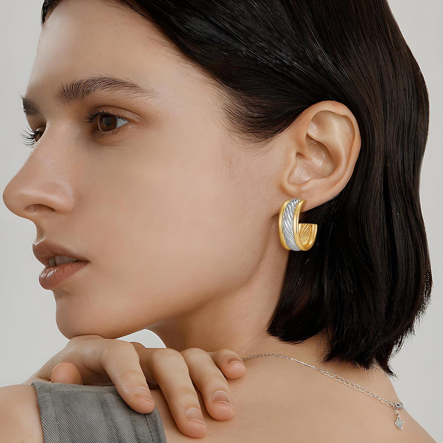 Two Tone Hoop Earrings for Women Silver and Gold Plated Twisted Cable Open C Hoops Chic Hypoallergenic Earring Mixed Metal Jewelry - Image 2