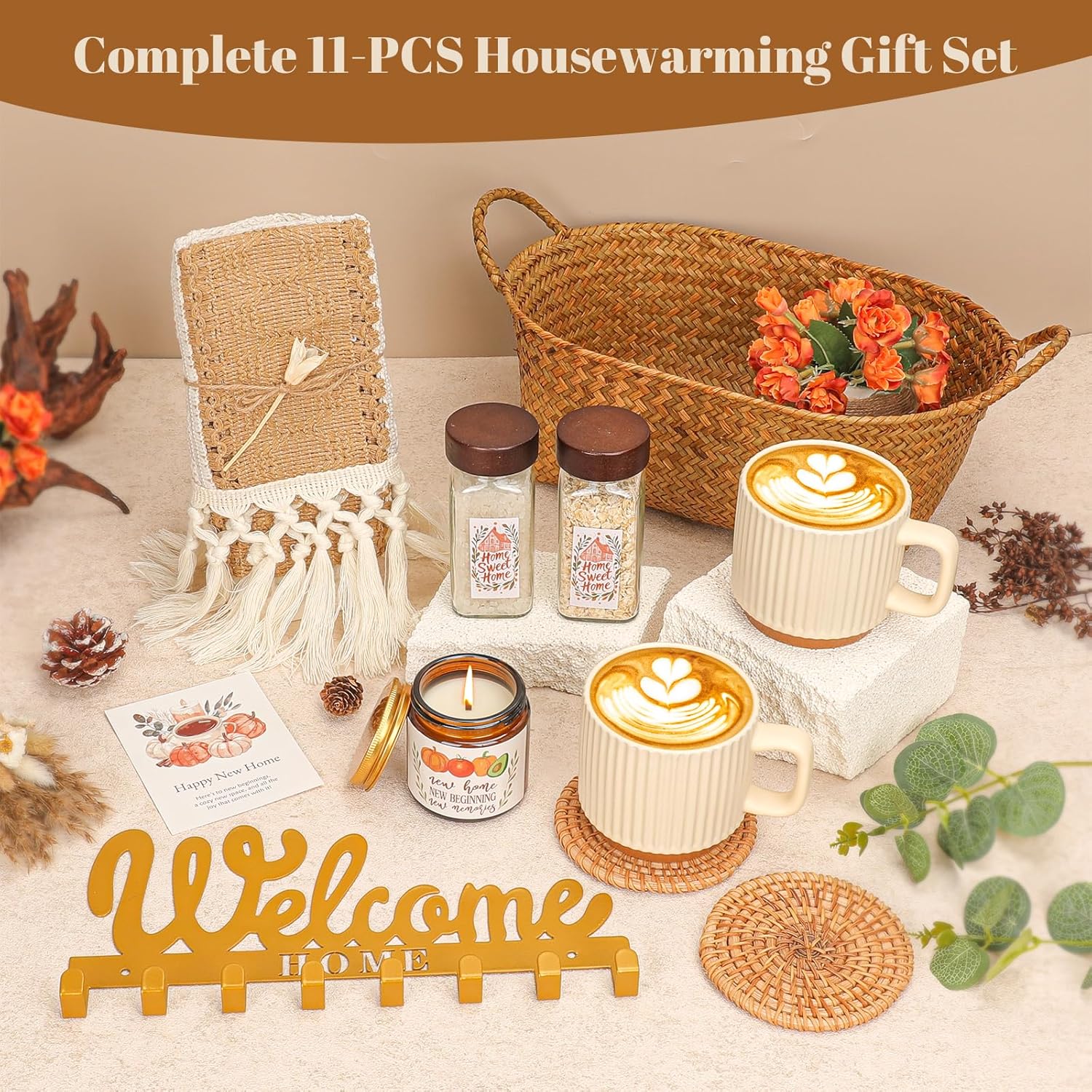 Housewarming Gifts for New Home | 11 PCS New House Gift Basket with Woven, Basket Table Runner | Closing Gift for Home Buyer Realtor | First House Gift Ideas for Homeowner Couple Client New Apartment