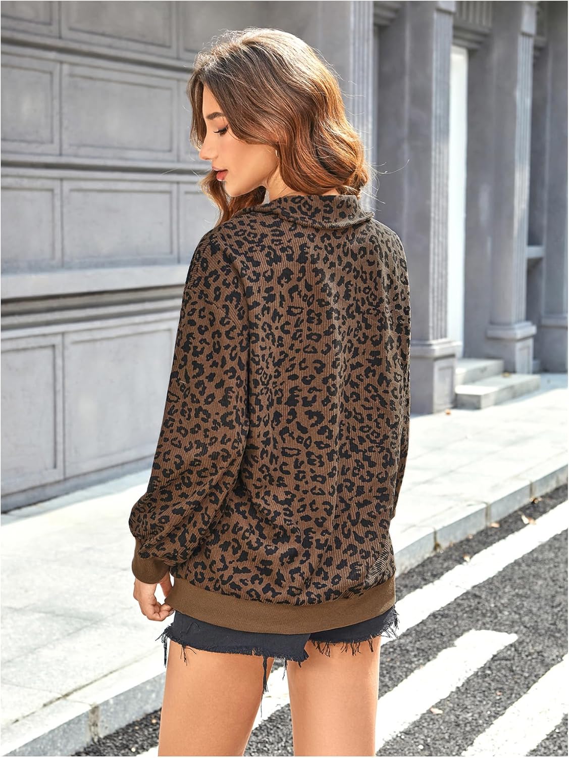 SweatyRocks Women's Leopard Print Sweatshirt Quarter Zip Collar Long Sleeve Pullover Tops - Image 2
