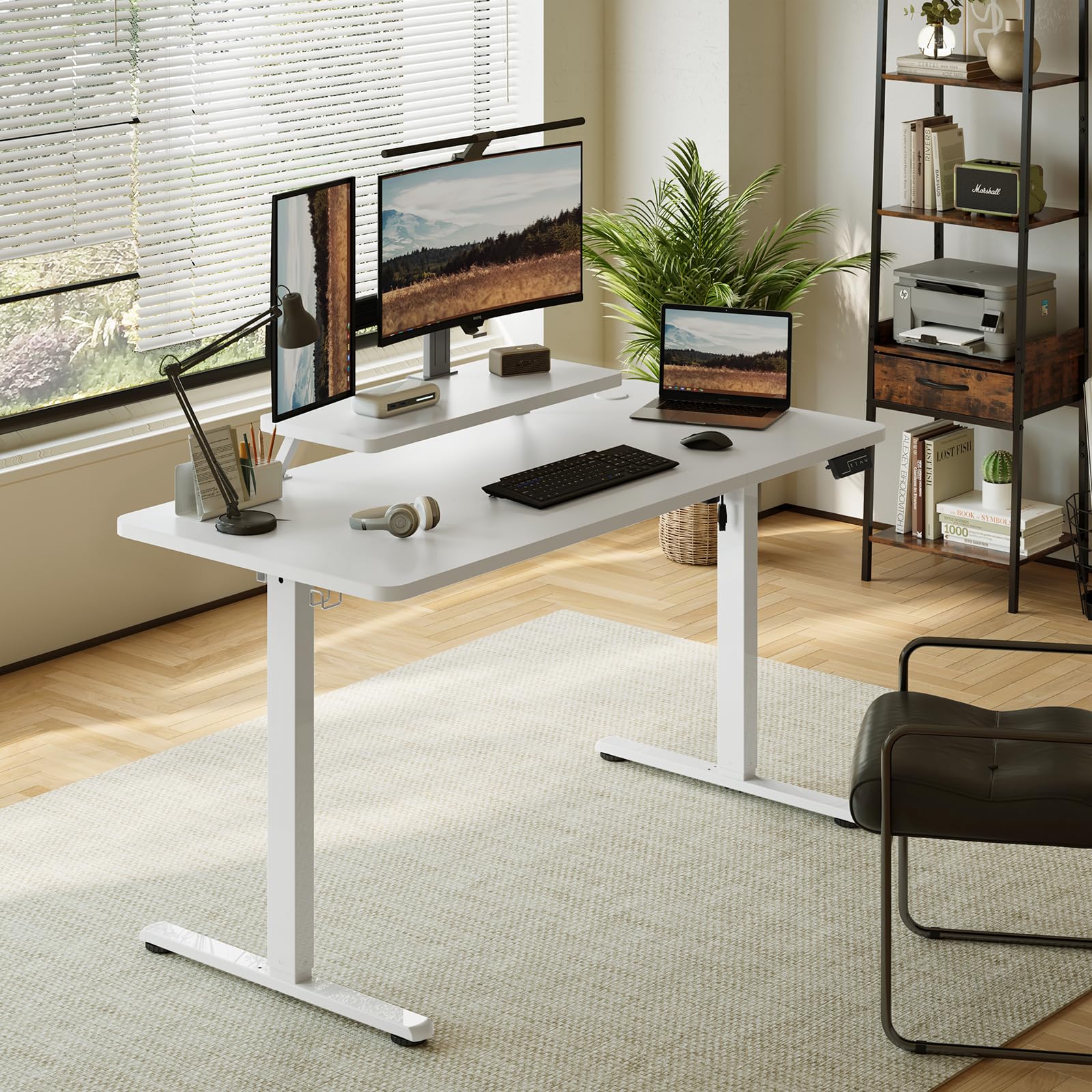 Sweetcrispy Höhenverstellbarer Schreibtisch mit Monitorständer, 140 x 60 cm Schreibtisch Höhenverstellbar Elektrisch, Ergonomischer Steh-Sitz Tisch, Computertisch Standing Desk, Weiß