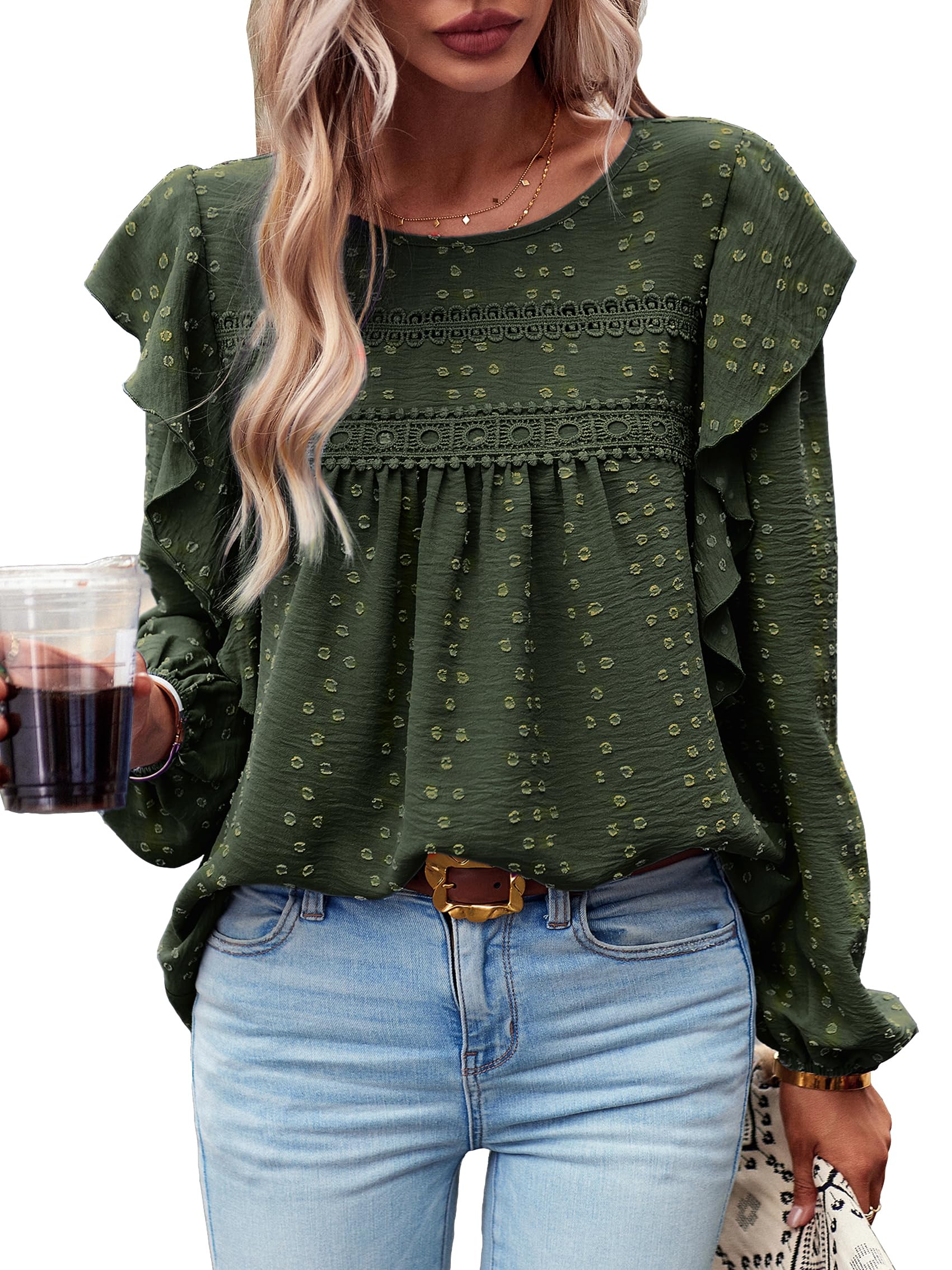 MYCOLORBLUE Women's Casual Tops Crewneck Lace Crochet Flowy Ruffle Shoulder Long Sleeve Blouses Shirts