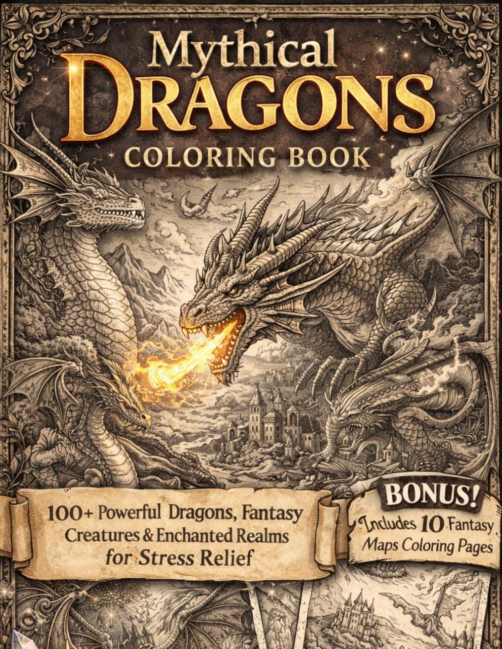 Mythical Dragons Coloring Book for Adults: 100+ Powerful Dragons, Fantasy Creatures & Enchanted Realms for Stress Relief | BONUS 10 Fantasy Maps ... (The Mythical Creature Realms Collection)
