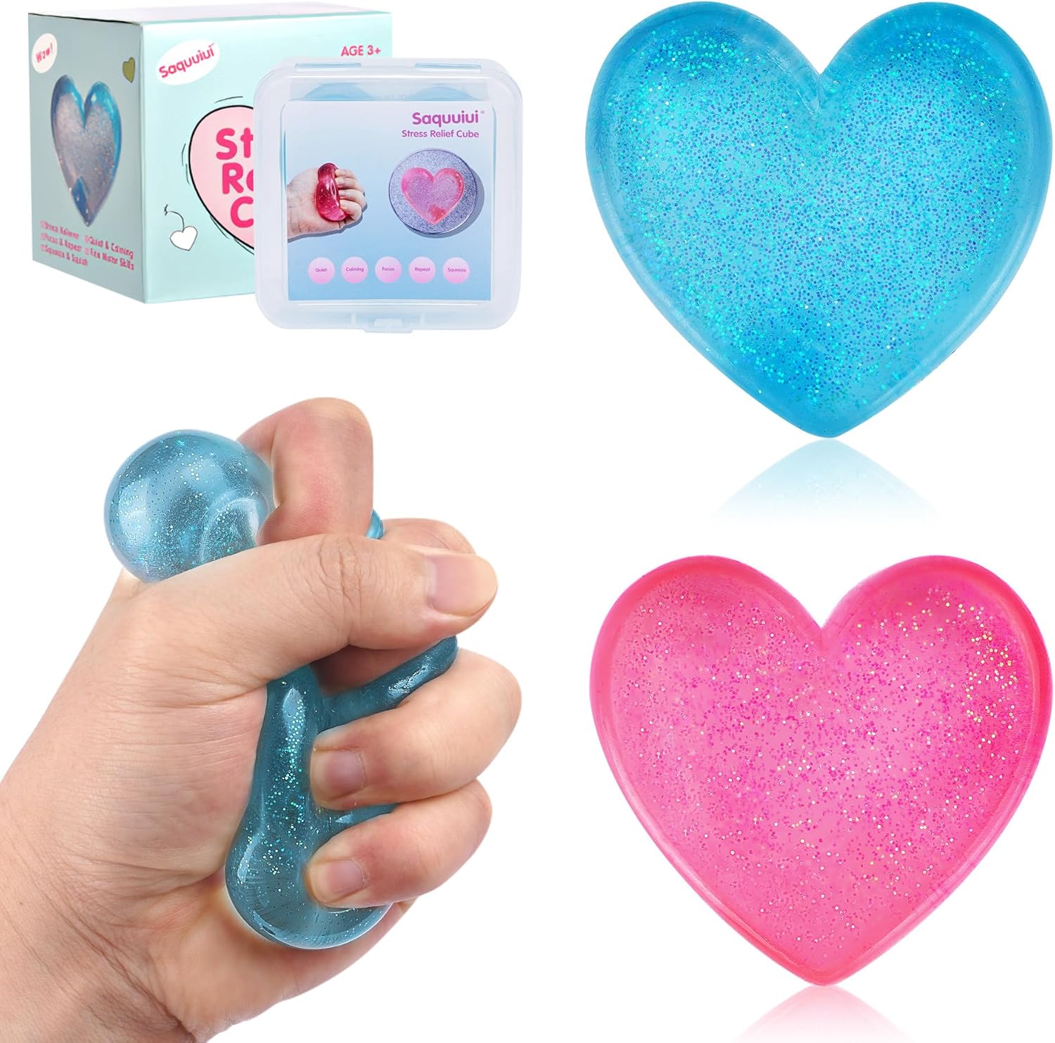 4-Pack Stress Cube Set: Quiet Fidget Toys for Anxiety Relief & Improve Focus, Durable, Sensory Squeeze Blocks for Adults & Kids in Classroom Office Home Car (2” Wide, Heart Shape)