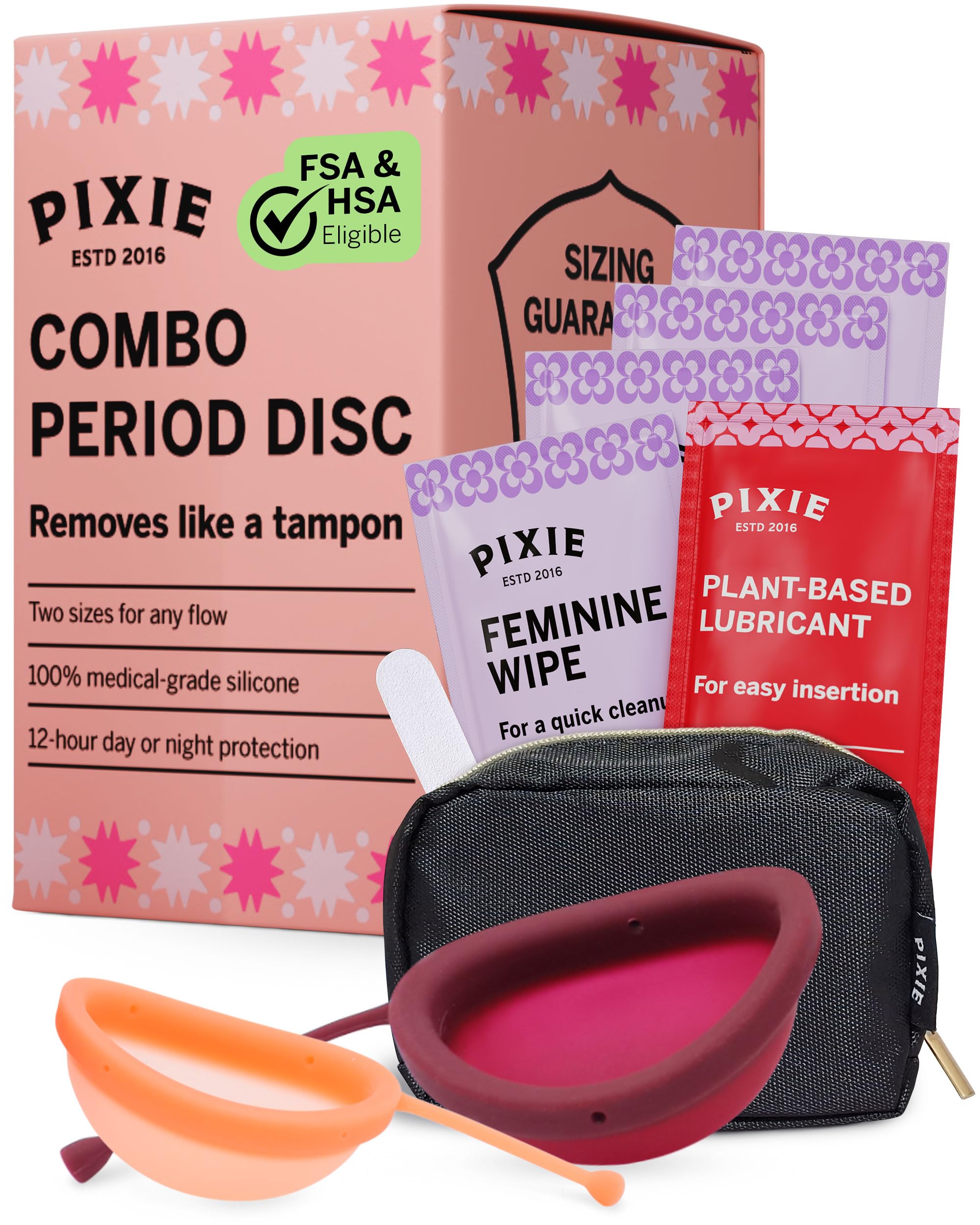 Pixie 2 Menstrual Discs for Feminine Care - 100% Medical-Grade Silicone - Ranked 1 for Softest Reusable Period Disc - Removes Like a Tampon - Wear 12 Hours - Capacity of 5 and 7 Tampons