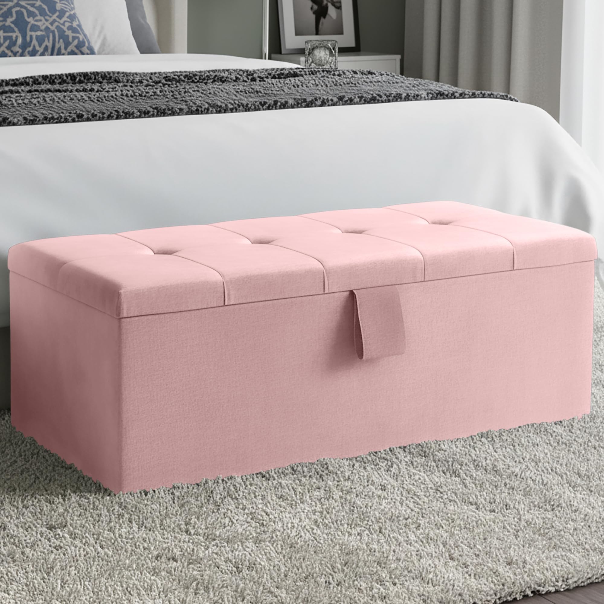 Harveys Living Ottoman Storage Box - Large Cube Style Engineered Wood Luxurious Plush Velvet Ottoman Storage Bench - (Pink Plush, No Legs)