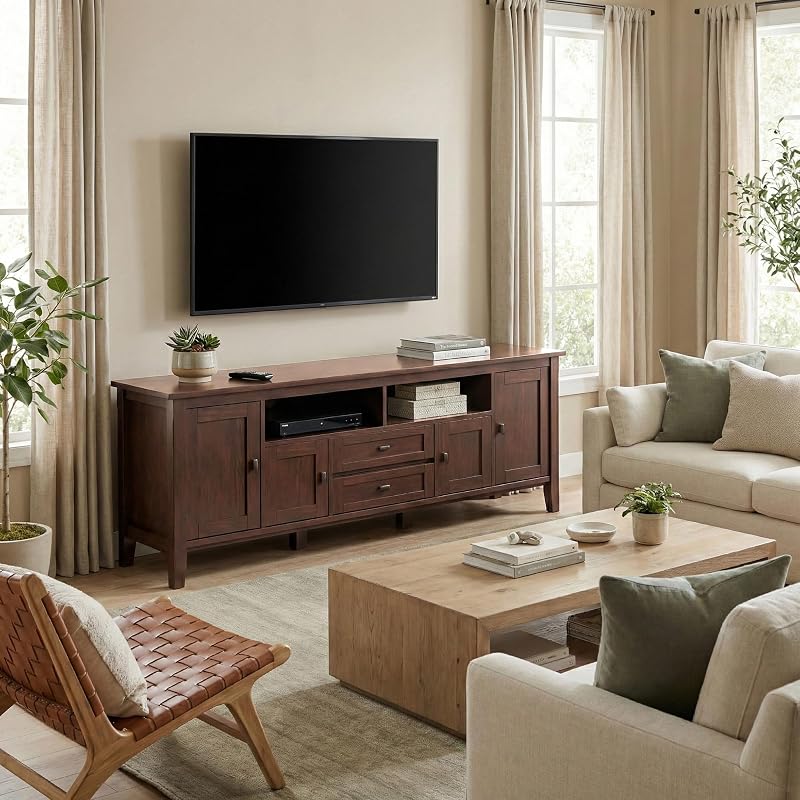 SIMPLIHOME Warm Shaker 72" Wide Solid Wood TV Stand in Russet Brown image 3