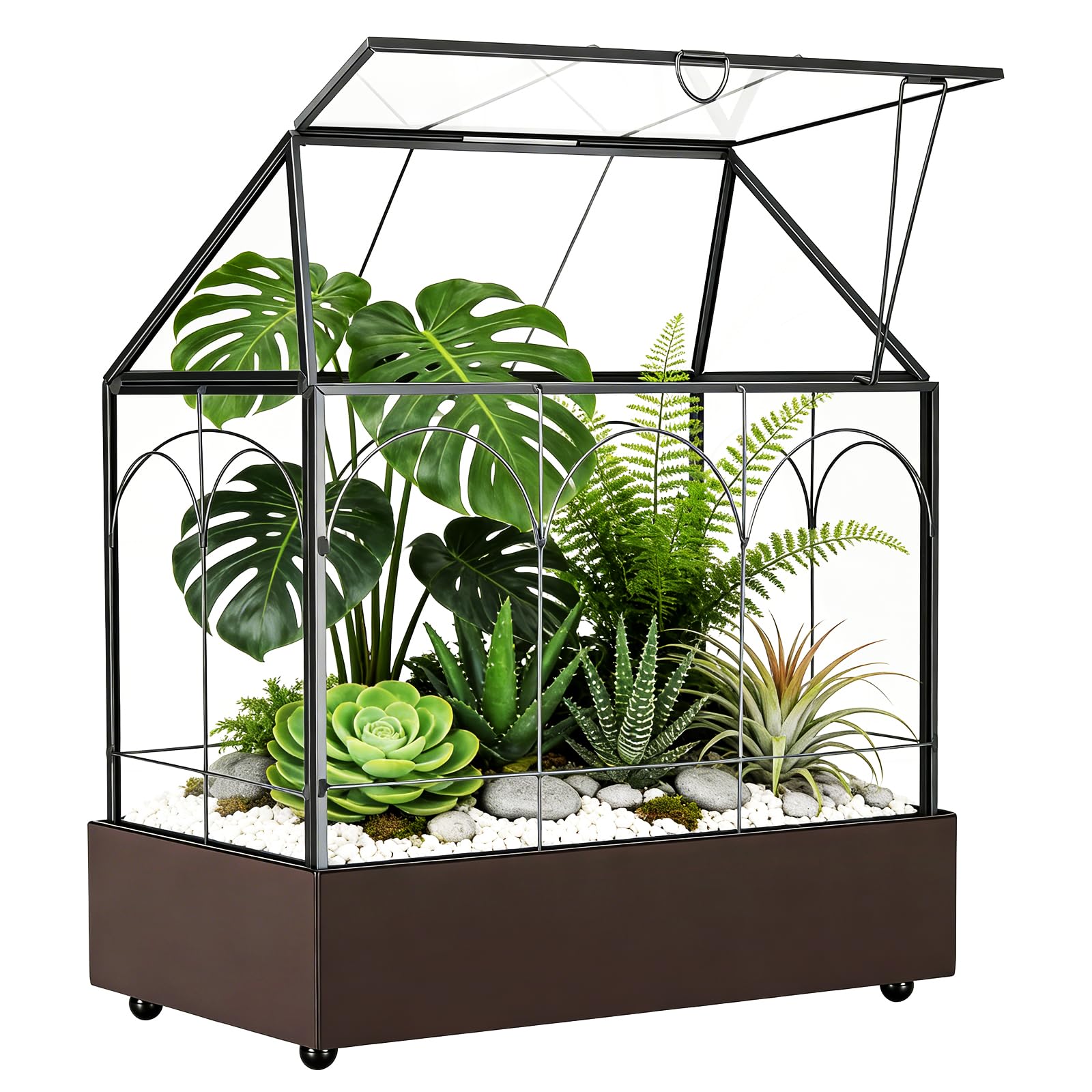 Mini Gewächshaus, 24x14,5x28cm Terrarium mit Aufklappbarem Glasdeckel, Volltransparentem Glas und Bodenwanne,Fensterbank Innen Gewächshaus aus Metallglas für Wohnzimmer und Büro auf der Fensterbank