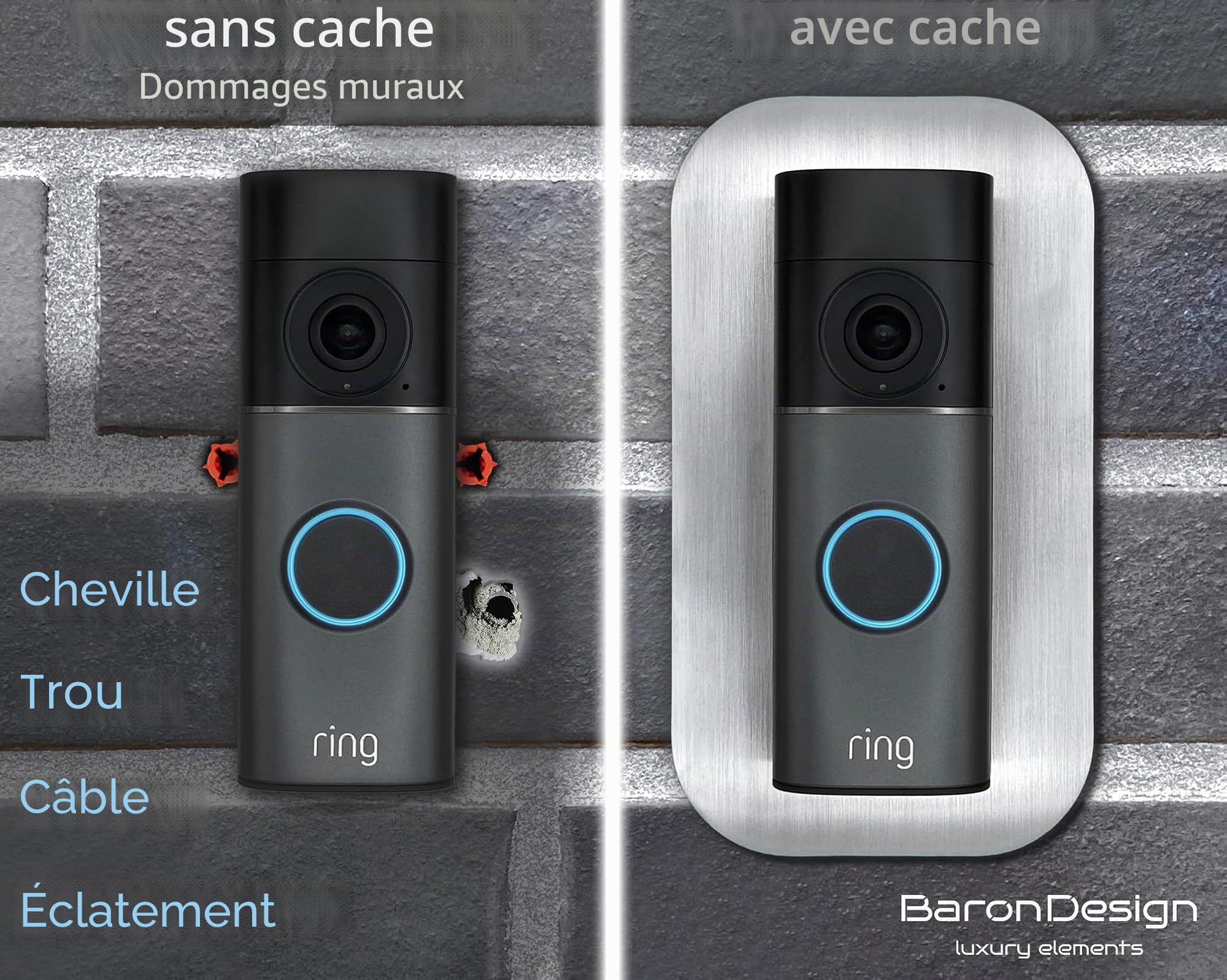 Ouverture en acier inoxydable | Accessoires pour sonnette vidéo/vidéo Doorbell Wired Plus câble & câble Pro | Support, panneau, fixation, plaque pour sonnette sans fil Alexa d'extérieur