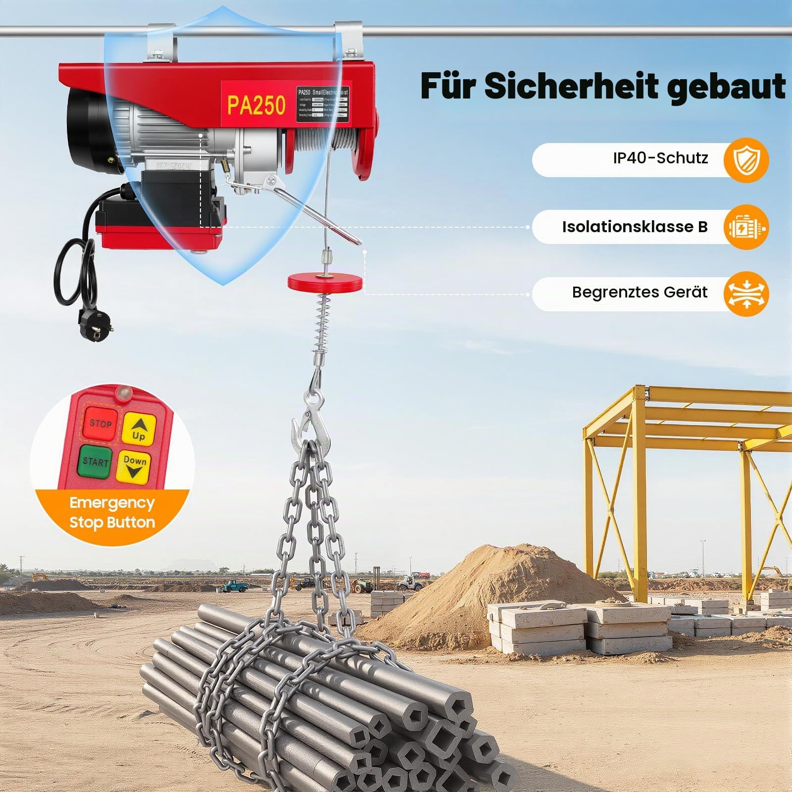 Elektrische Seilwinde 550W mit Fernbedienung -Elektrischer Kettenzug 250kg Tragkraft mit 2 Betriebsmodi (Einzel-/Doppelseil) für Bau, Lager & Industrie‌