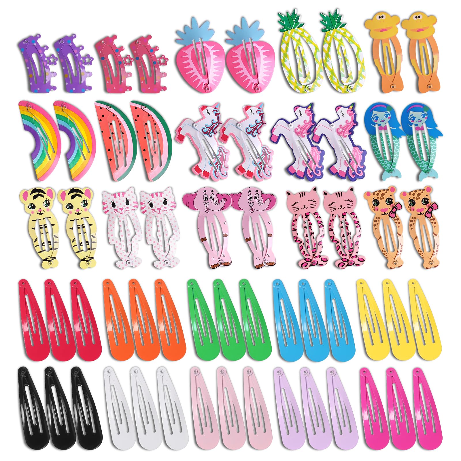 Hair Clips for Girls,110 Pcs No Slip Metal Snap, Barrettes for Kids Teens Women, Cute Candy Color Cartoon Design Hair Pins (Animals Fruits Crowns