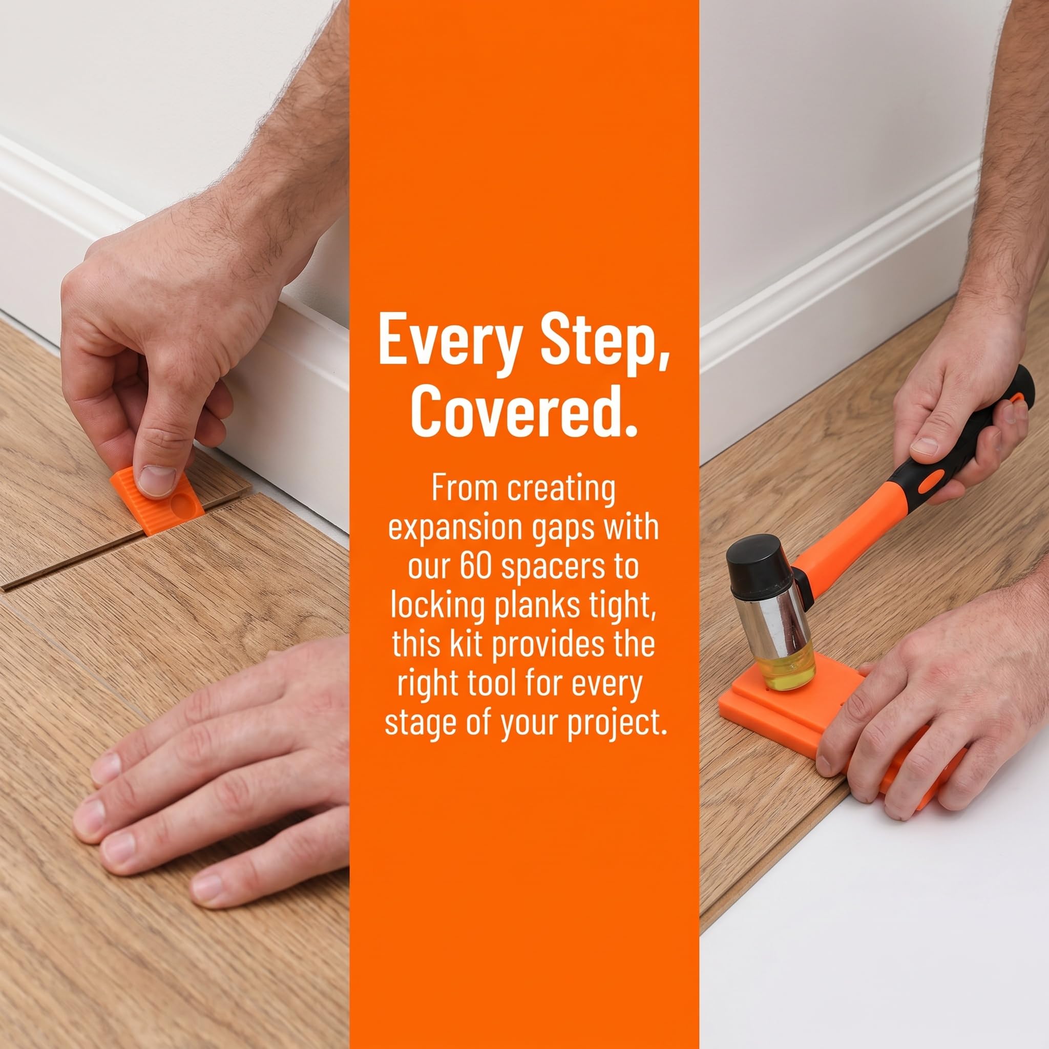 Kit de Instalación de Suelo Laminado, 64 PCS Herramientas para Piso Laminado con Martillo de Goma, Palanca, 60 Cuñas Separadoras, Bloque de Impacto y Bolsa, Kits Colocación de Suelo Laminado