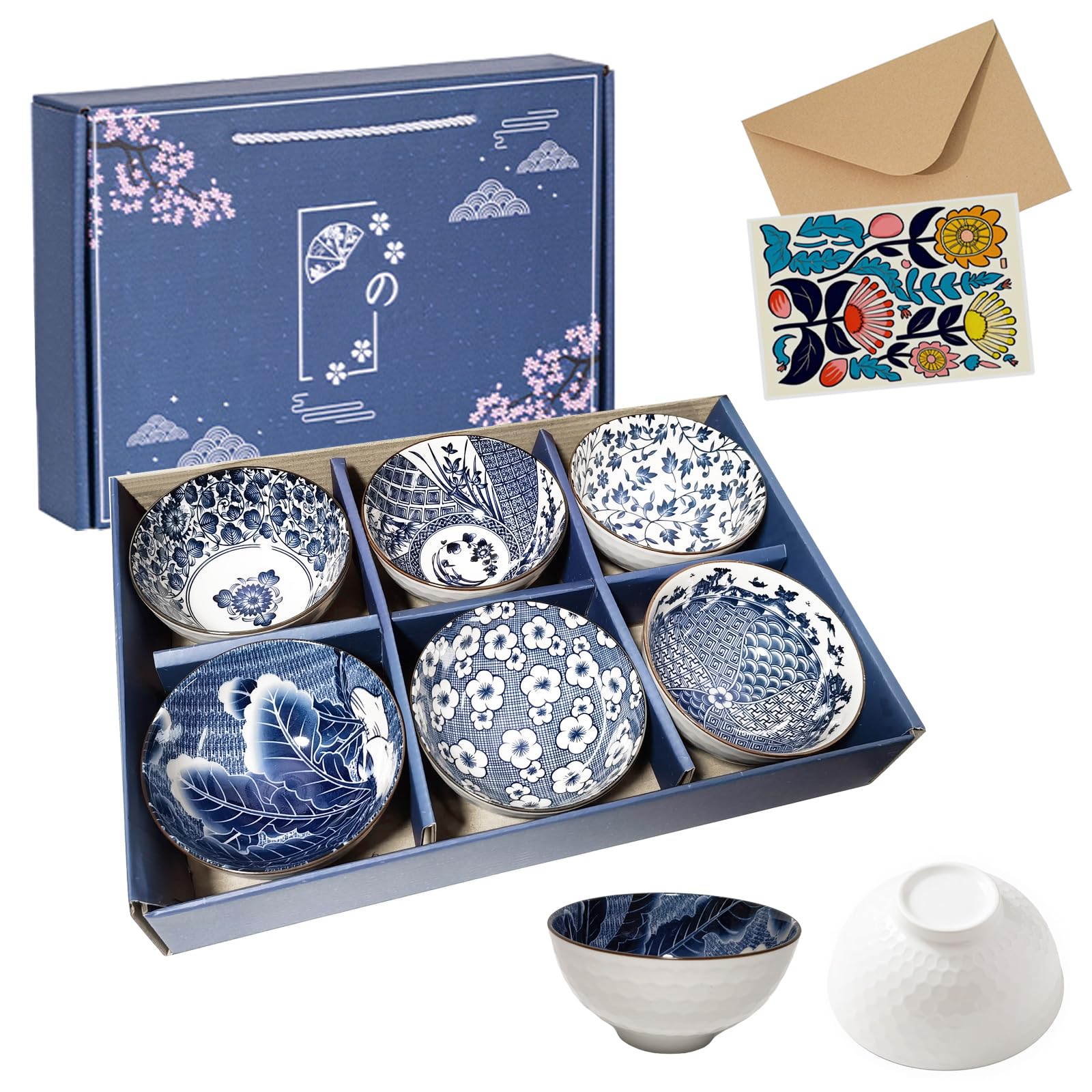 Set of 6 Ceramic Serving Bowls, Gift-Ready with Greeting Card, 10 oz/4.6in