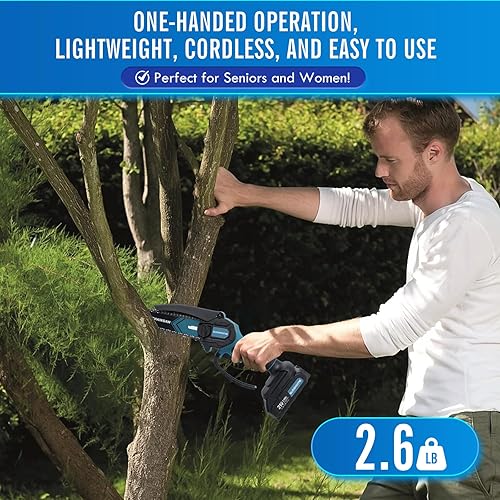 Miniatura 6 de EliteHome Mini Motosierra Inalámbrica de 6 Pulgadas con 2 Baterías, Motosierra Eléctrica Portátil de Mano, Motosierra Pequeña Alimentada por Batería