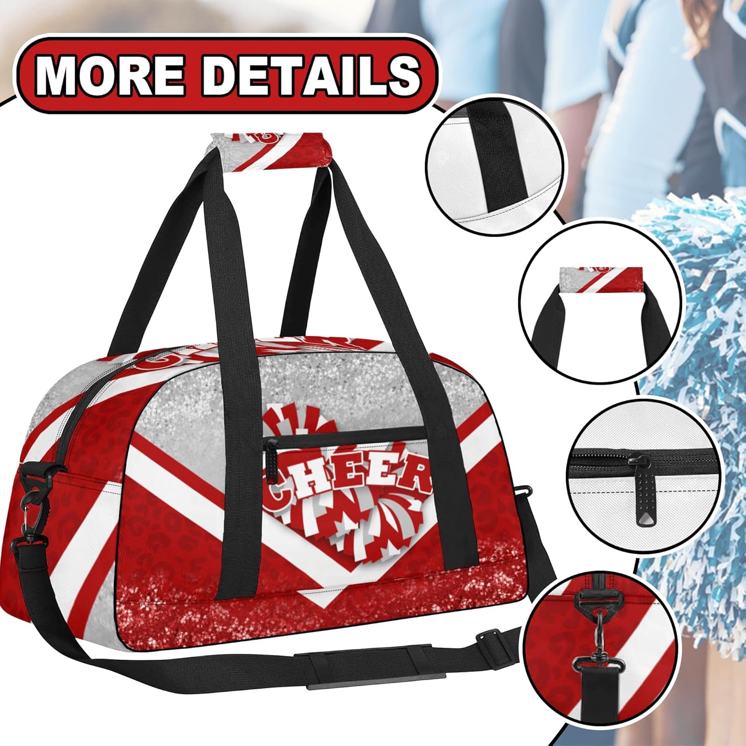 Cheer Duffle Bag for Cheerleaders, Cheerleading Gym Bag for Women, Carry on Weekender Bags, Travel Bag Duffel Bag (Silver&Red)